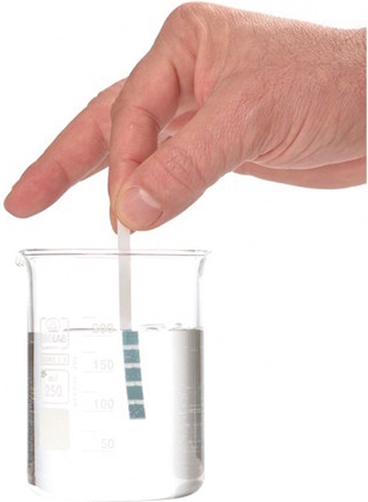 A hand holds a test strip over a beaker of liquid. The strip is partially submerged, showing color changes.