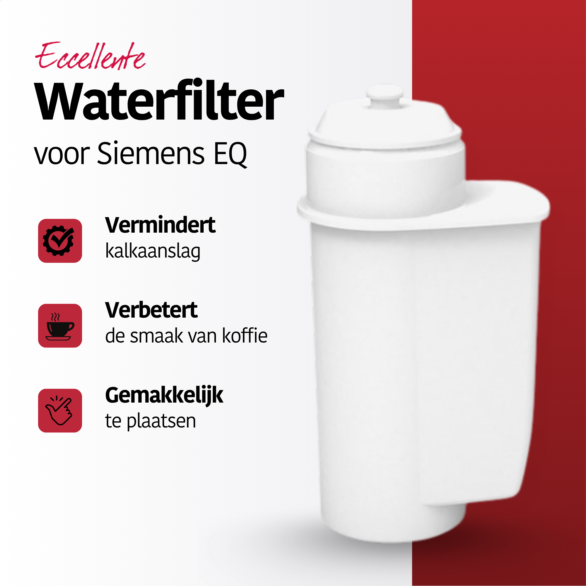 A white water filter for Siemens EQ coffee machines. Text highlights benefits: reduces limescale, improves coffee taste, easy to place.