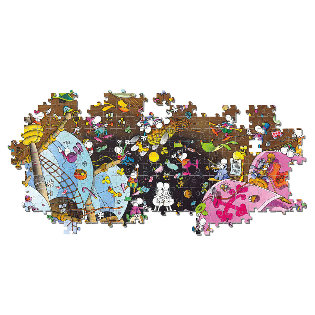 Un puzzle coloré montre des personnages de dessins animés dans une scène chaotique avec un navire, des instruments de musique et divers objets.