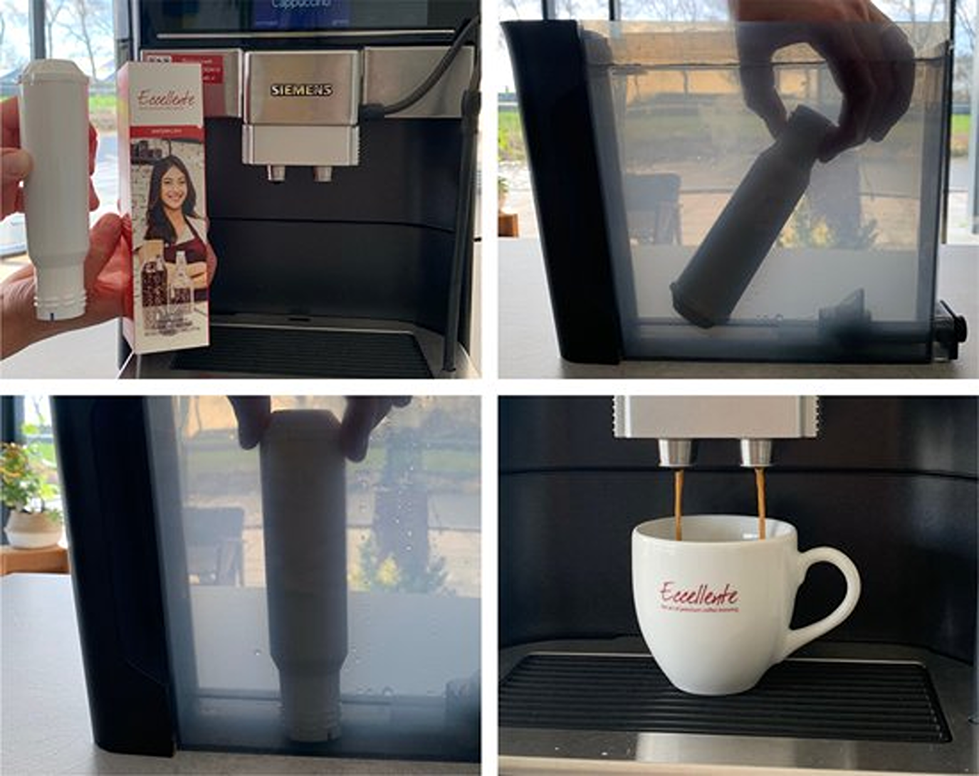 Coffee machine: filter replacement. Includes filter, water tank, coffee brewing into a cup. Excellent logo on the cup.