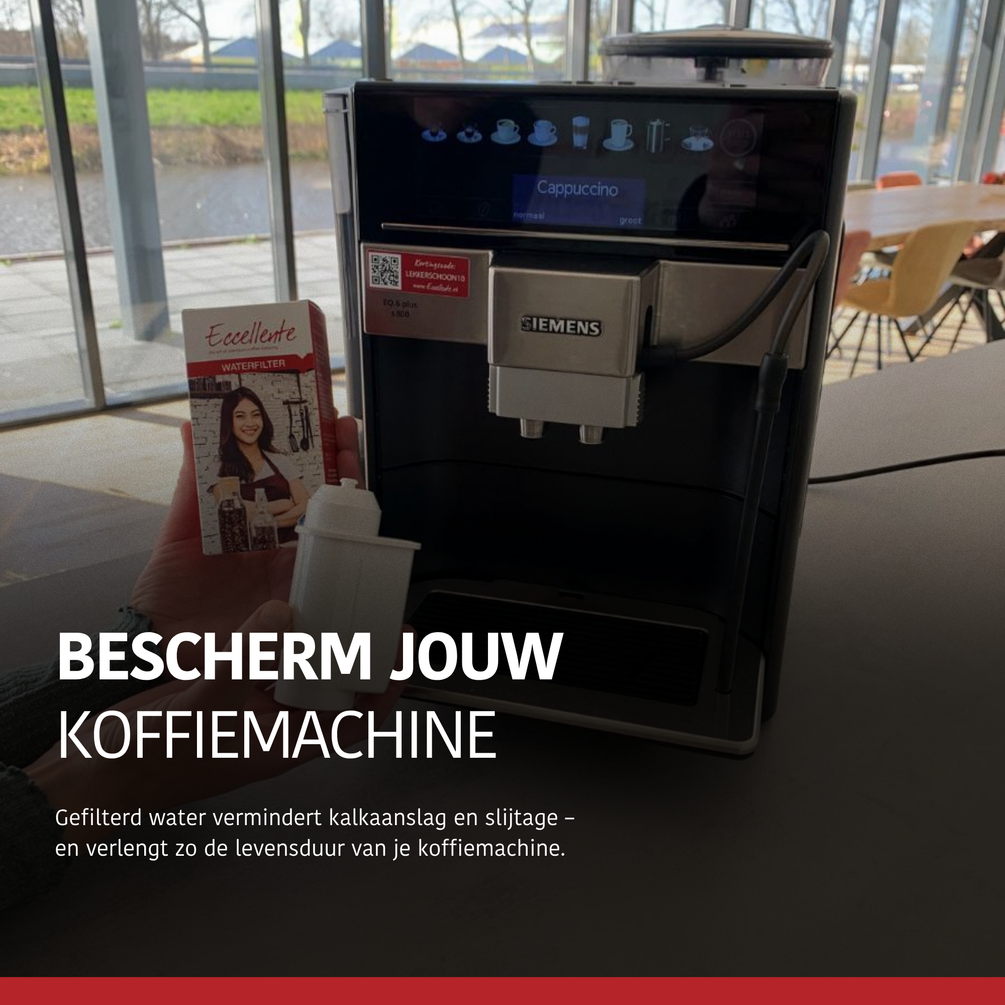 A coffee machine with a cappuccino selection is next to a water filter and a box.