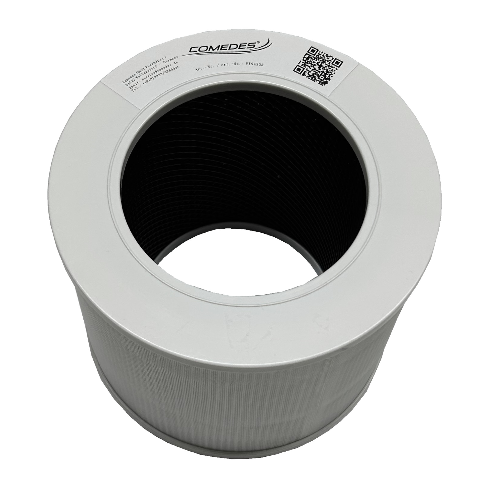 Weißer Luftfilter mit schwarzer Innenstruktur und dem Comedes-Logo. Enthält Produktinformationen und einen QR-Code.