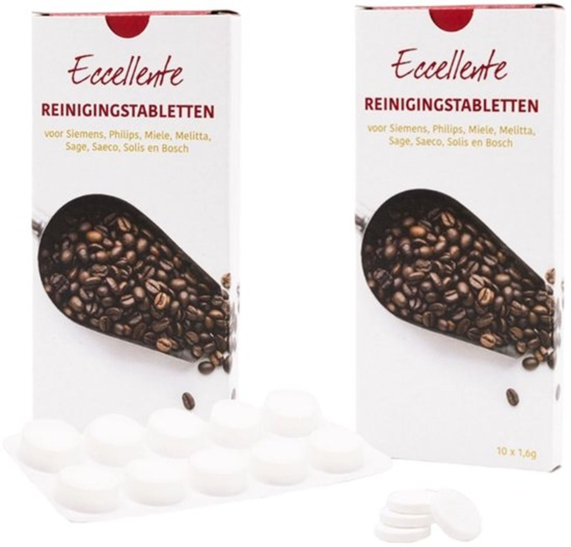 Deux boîtes avec des grains de café et des pastilles de nettoyage. Texte : Eccellente, Reinigingstabletten. Marques : Siemens, Philips, Miele, etc.