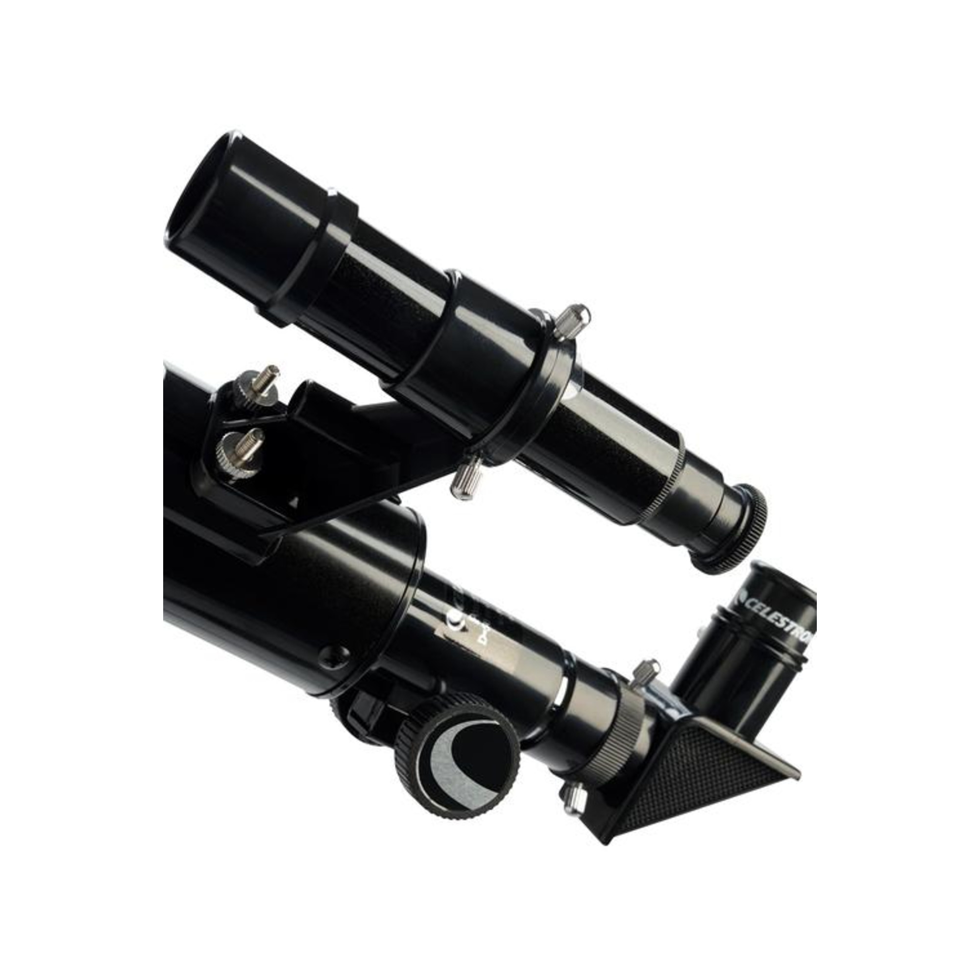 Zwei schwarze Celestron-Teleskope sind vor weißem Hintergrund angeordnet. Eines ist nach oben, das andere zum Betrachter gerichtet.