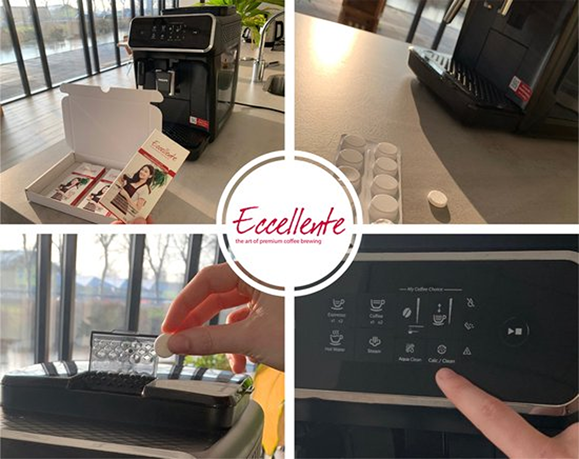 Une machine à café avec des capsules et une boîte de dosettes. Une main appuie sur un bouton de la machine. La marque est Eccellente.