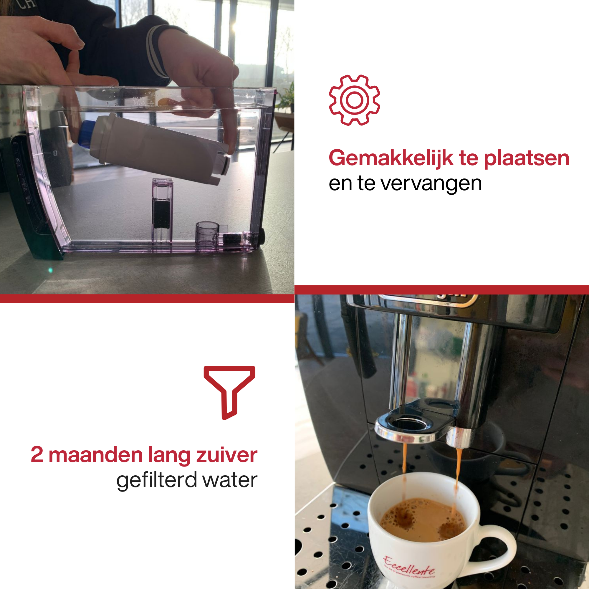 A person placing a water filter in a container. Coffee being dispensed into a cup. Text: Easy to install and replace.