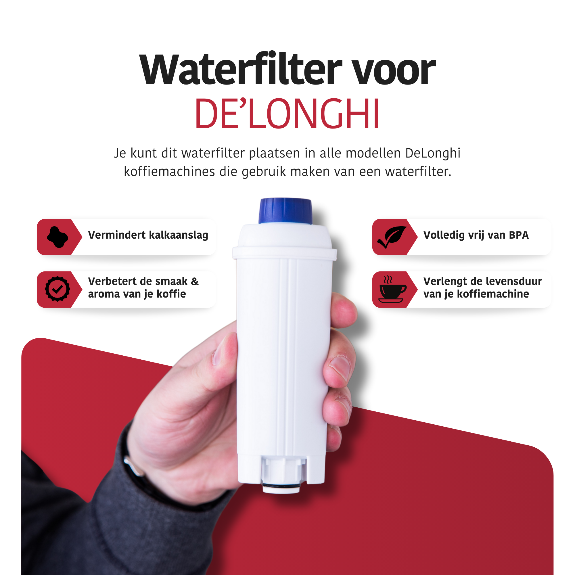 A hand holding a white De'Longhi water filter. The text says it reduces limescale, improves taste, and is BPA-free.