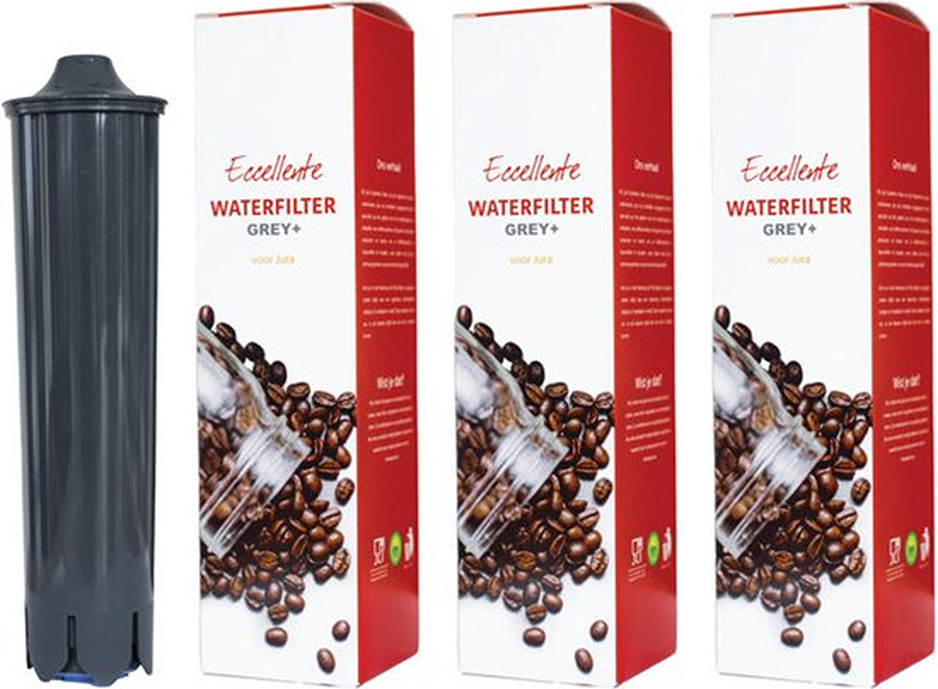 A gray water filter and three boxes of water filter replacements. Boxes have text and coffee beans.