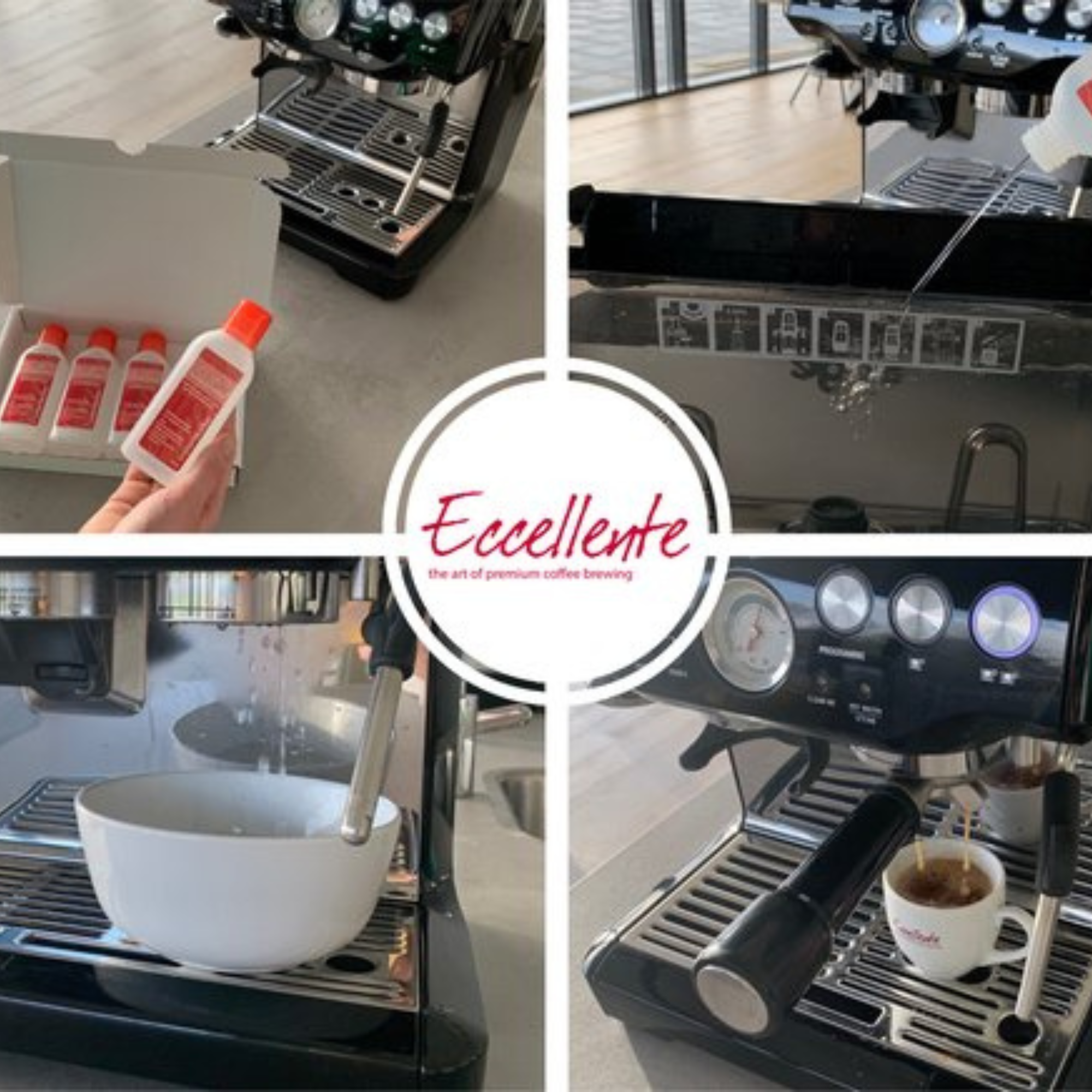 A coffee machine in use. Four images show parts of the process, including cleaning and making espresso.