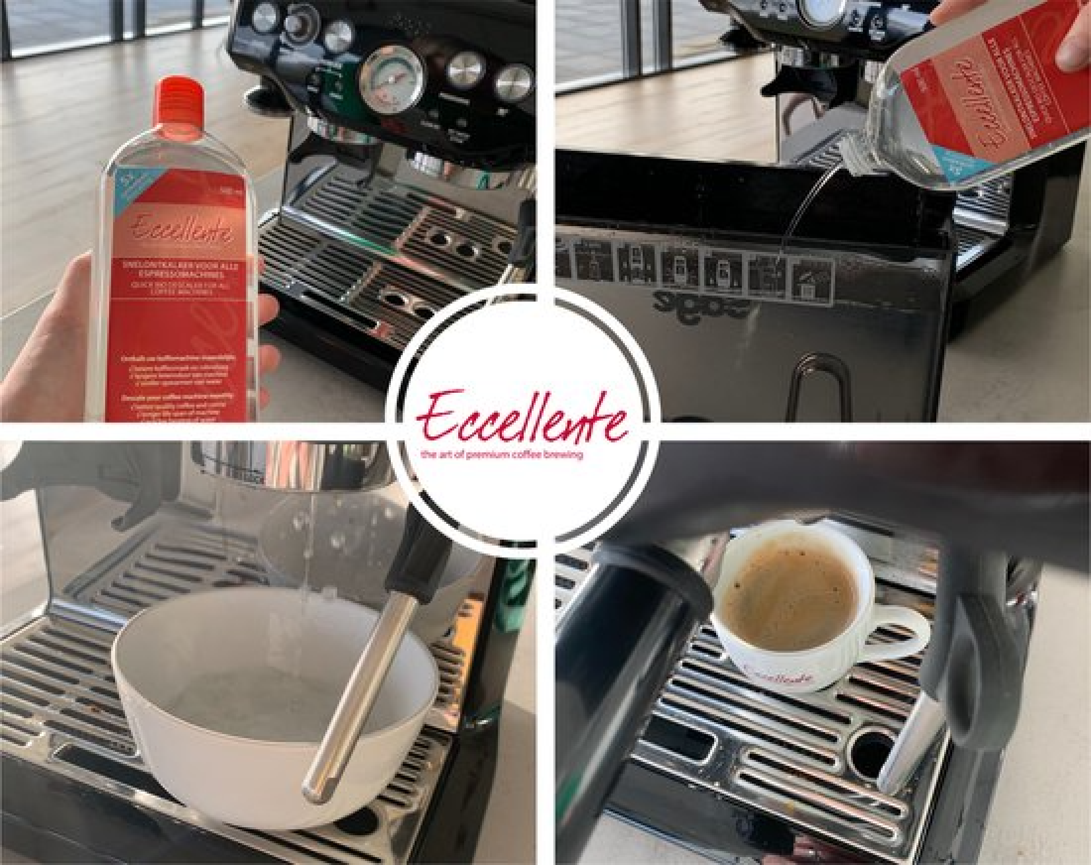 Four images showing coffee machine cleaning and brewing. Includes descaler bottle, pouring, cleaning, and a coffee cup.