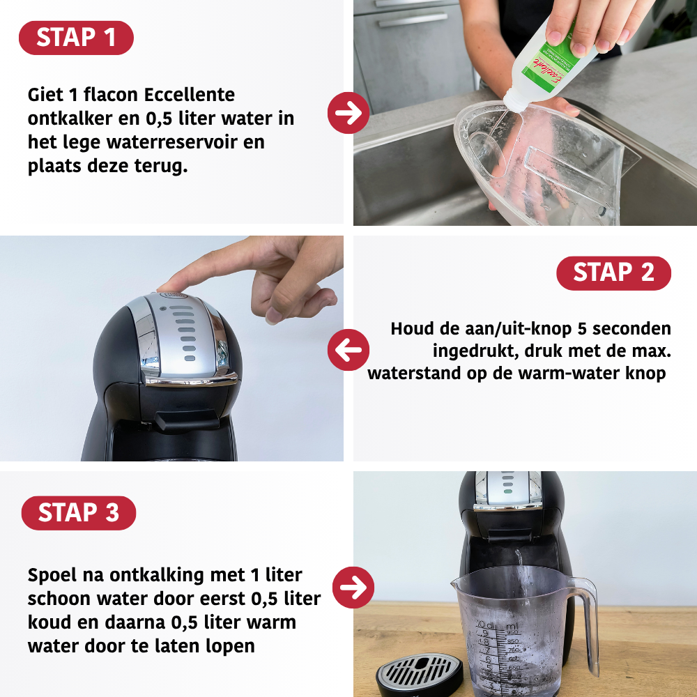 Instructions for descaling a coffee machine, including filling, button pressing, and rinsing steps. The machine is black and silver.