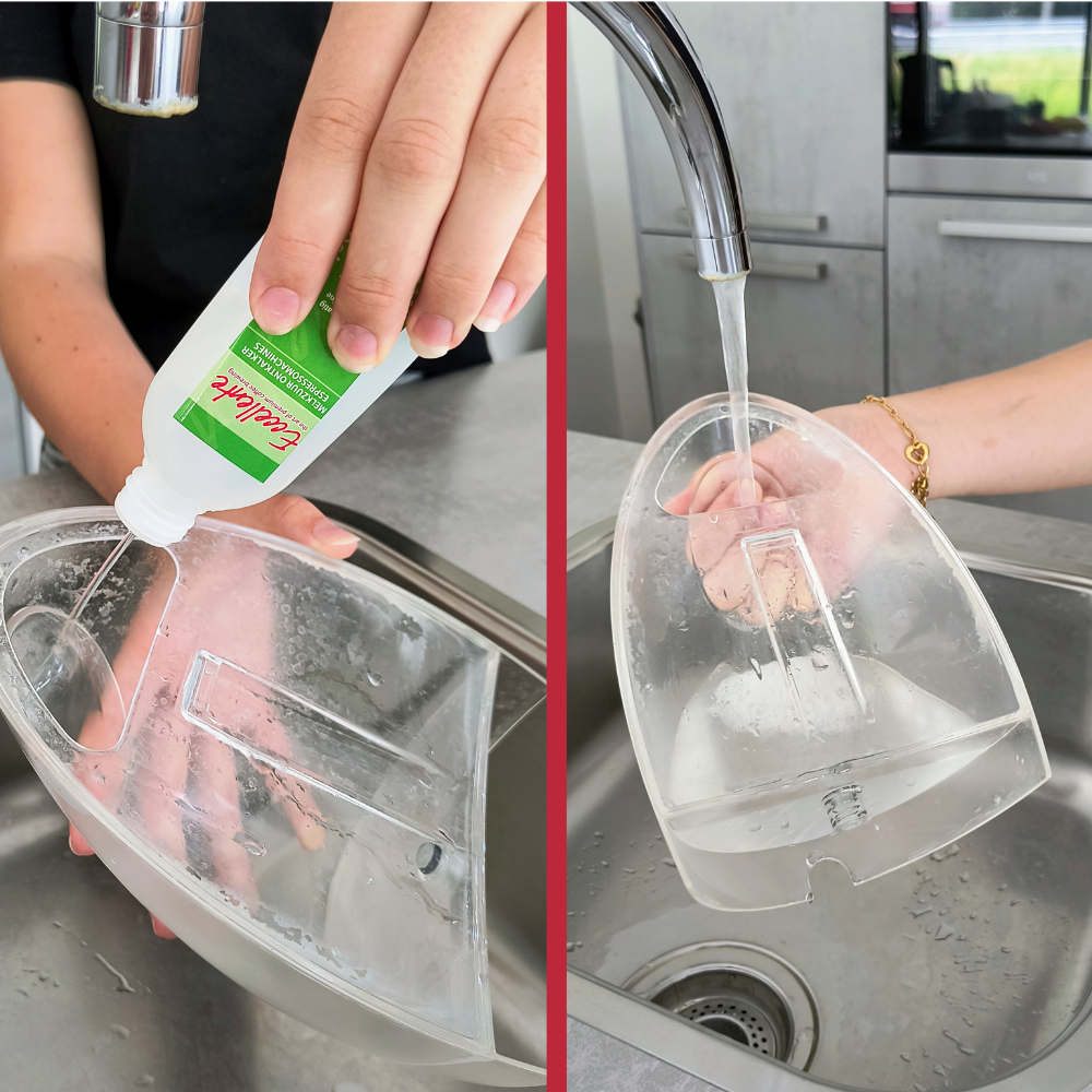 A person pours liquid from a white bottle into a clear container. The container is held over a sink. A tap pours water into another container.
