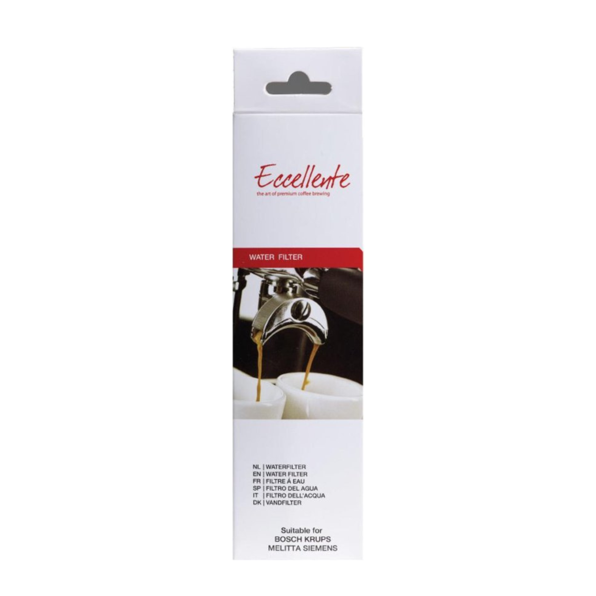 A white box with a coffee machine image. It is a water filter product from Eccellente. Suitable for Bosch, Krups, and Melitta.