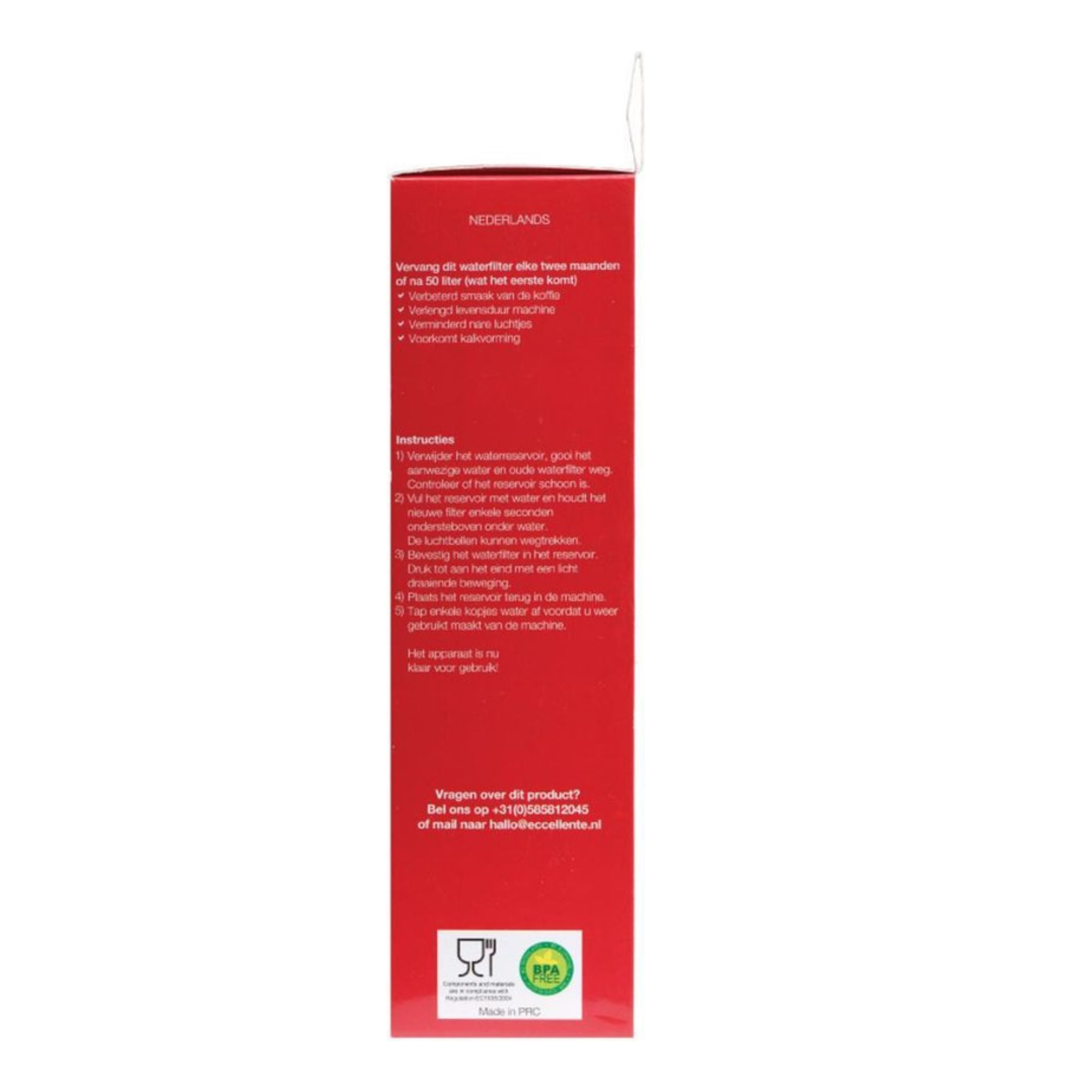 Red box with Dutch text. It mentions replacing a water filter every two months or 50 liters. It has instructions.