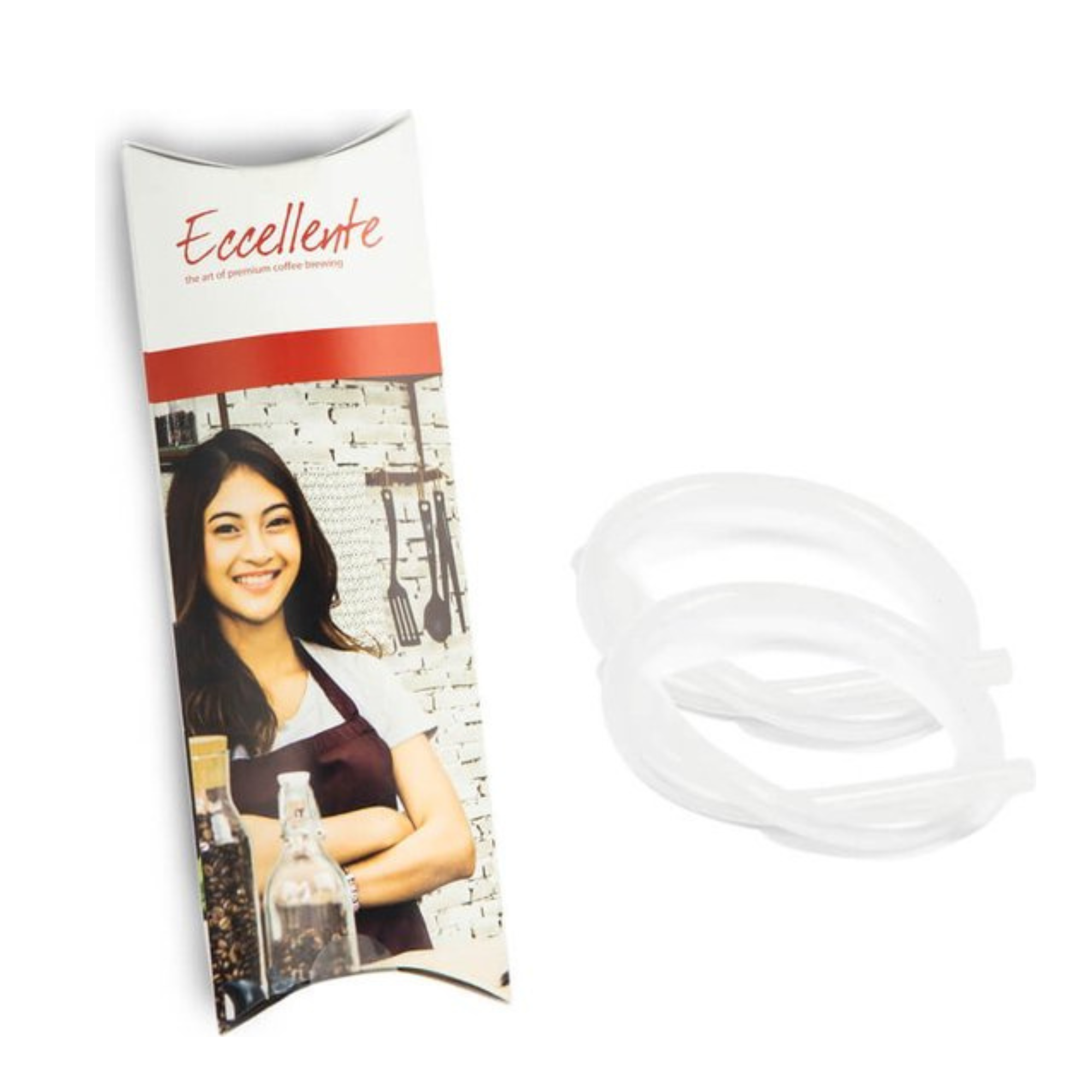 Un paquet avec une femme souriante, des bouteilles et des anneaux blancs. Le paquet dit 'Eccellente' pour du café premium.