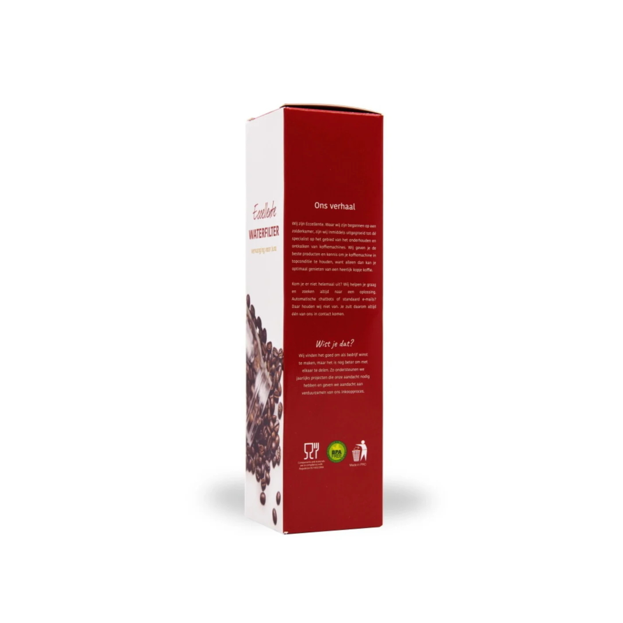 Une boîte rouge et blanche d'Eccellente WATERFILTER, avec du texte et des images de grains de café. Le texte est en néerlandais.