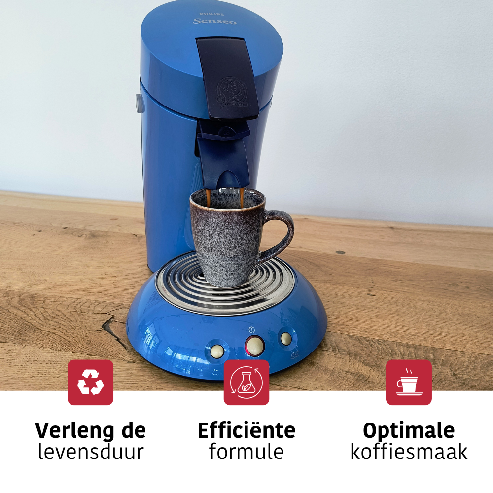 A blue Philips Senseo coffee machine brewing coffee into a mug. Text below reads 'Verleng de levensduur', etc.