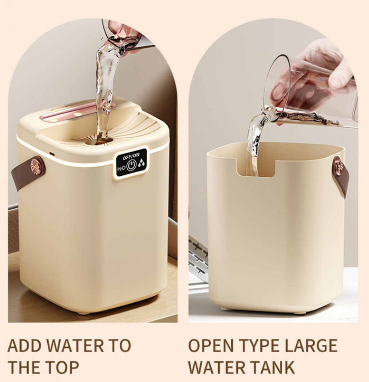 Zwei beige Wasserbehälter. Wasser wird in den ersten Behälter gegossen, der ein Bedienfeld hat. Der andere ist ein offener Tank.