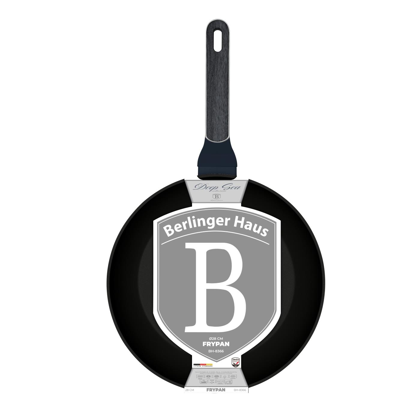 Una sartén negra con mango de madera. La sartén tiene una etiqueta que dice 'Berlinger Haus' y 'Frypan'.