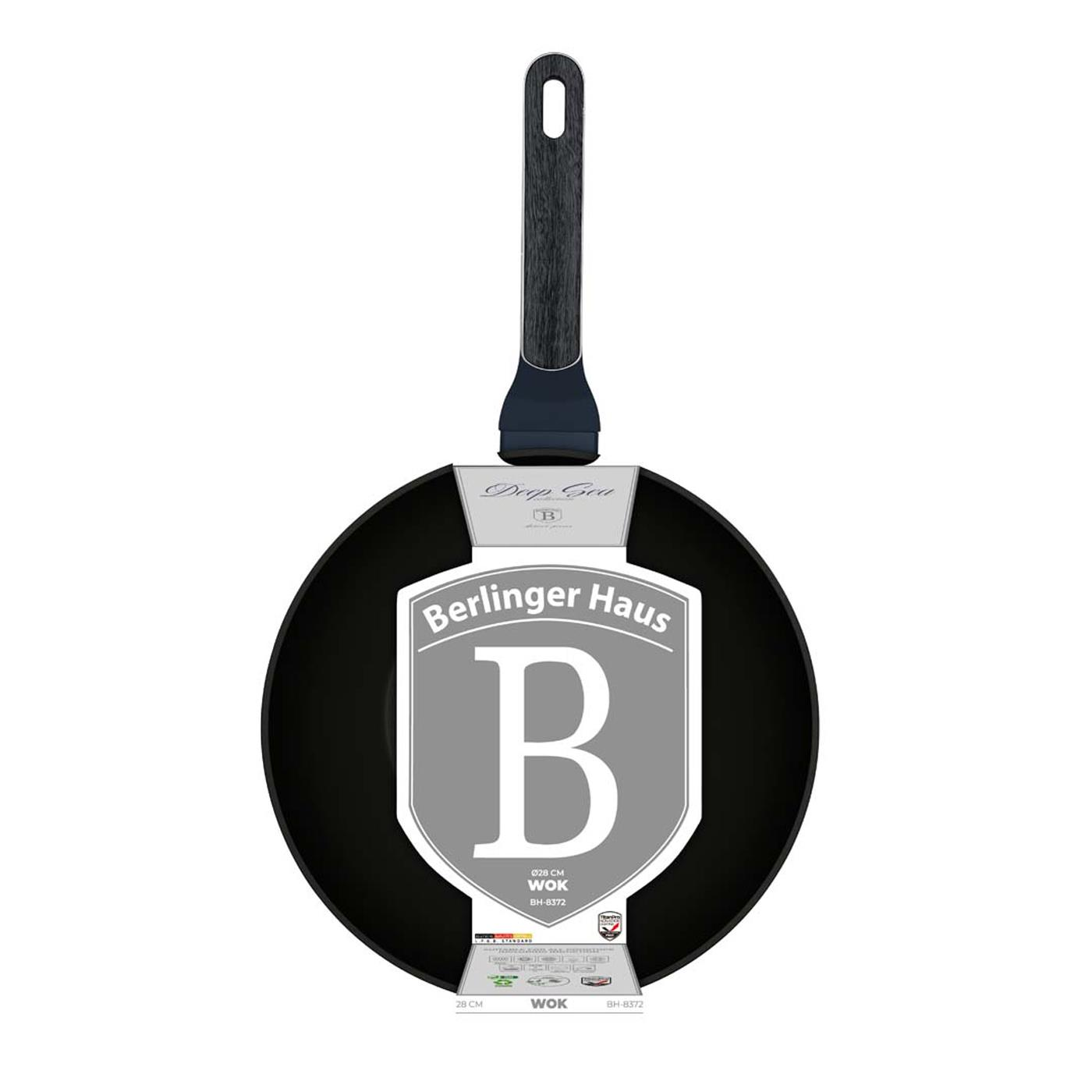 Un wok negro con mango oscuro. Tiene un logotipo de Berlinger Haus y detalles del producto, incluyendo 'WOK BH-8372'.