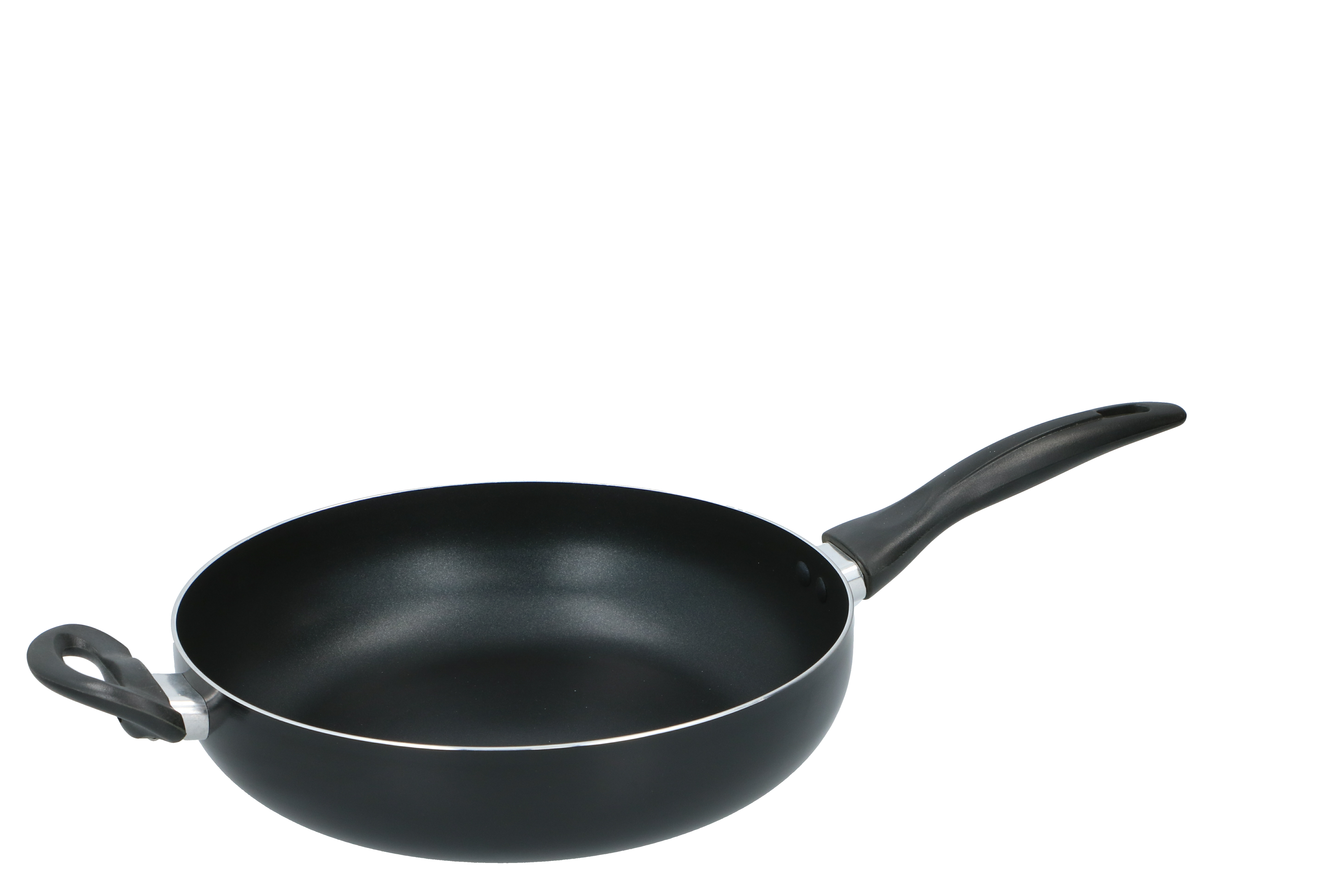 A black frying pan with a handle, on a black background. The pan has a white rim.
