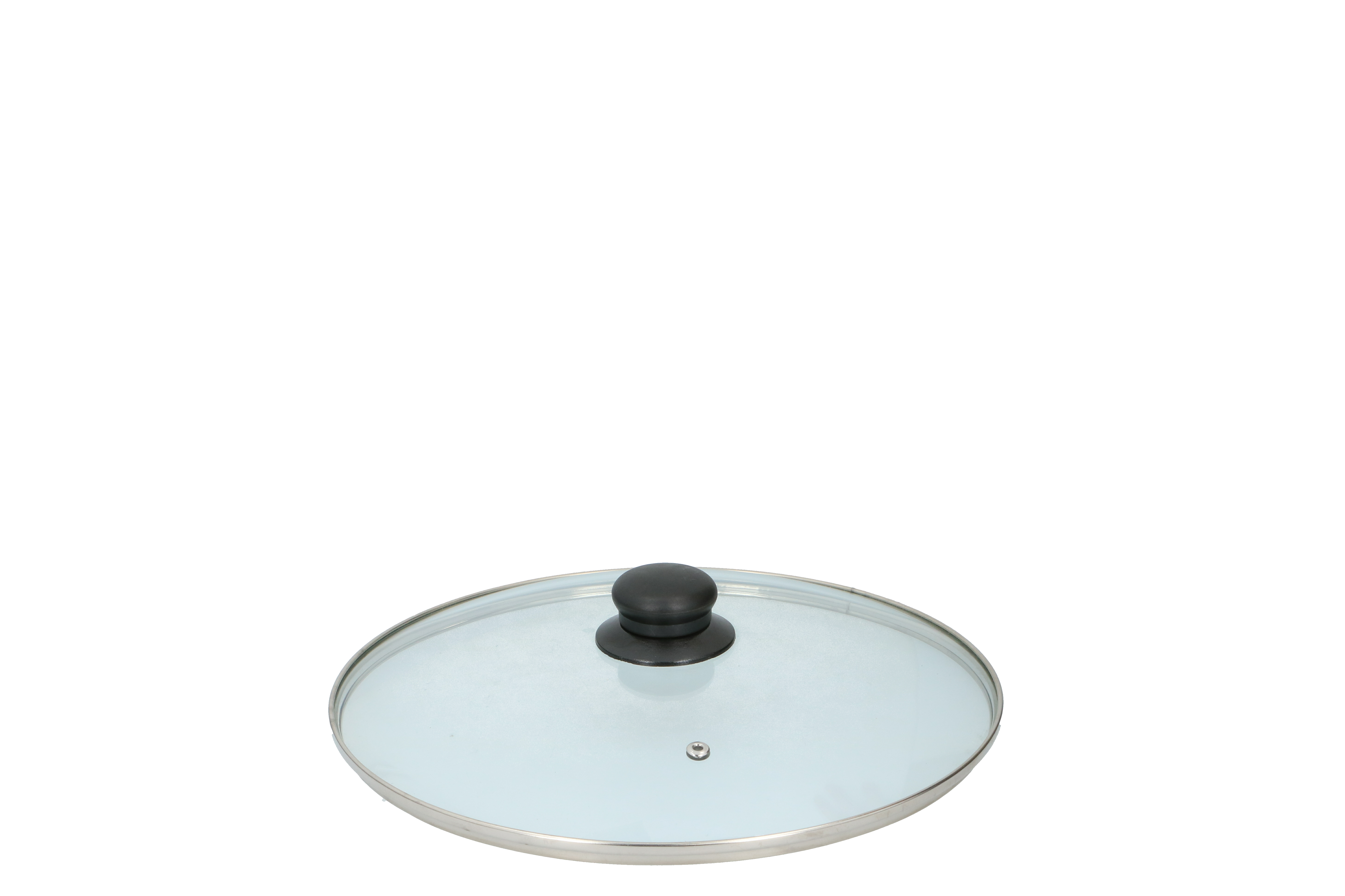 A clear glass lid with a black knob. The lid has a silver rim, set against a black background.