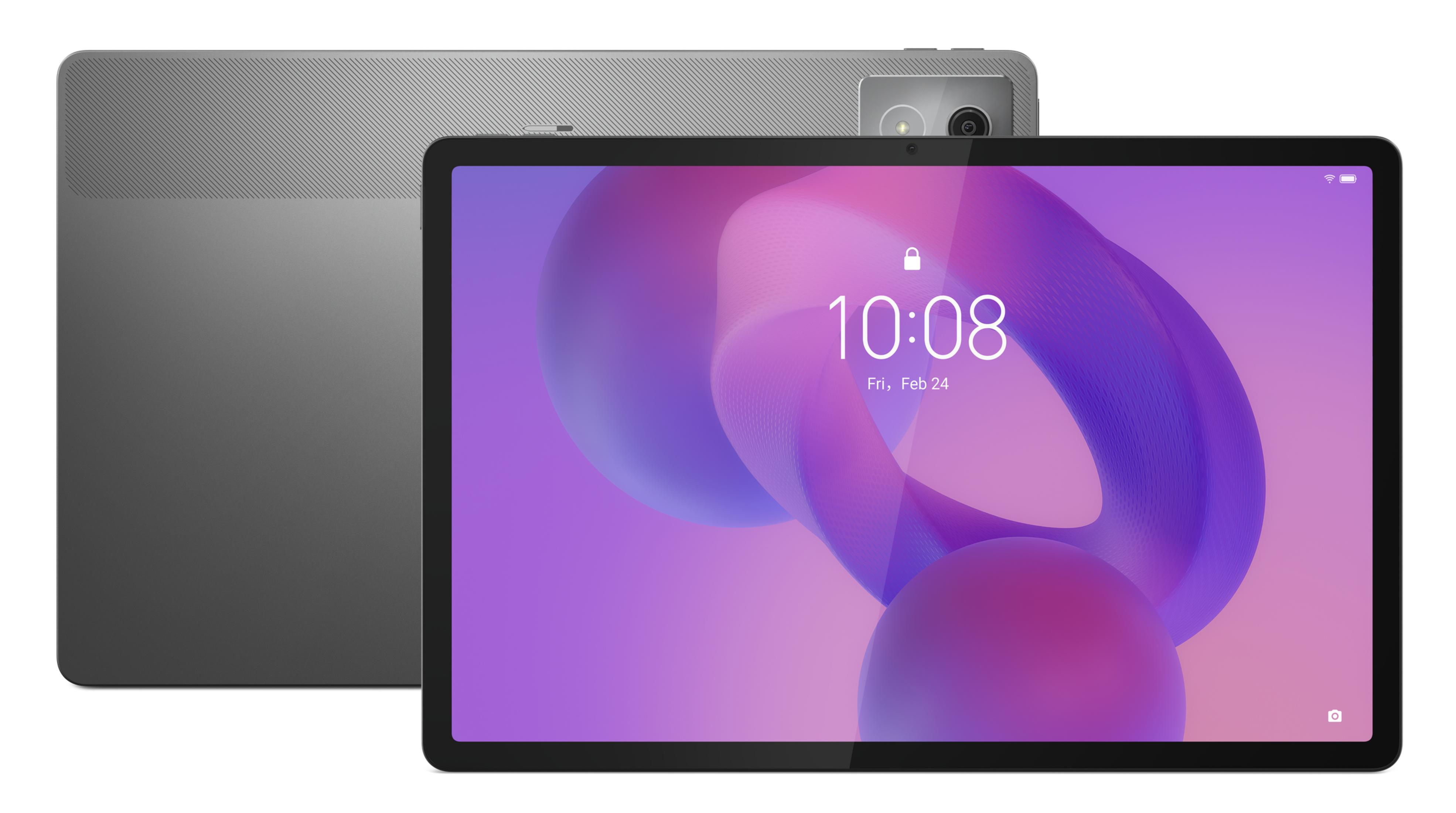 Tablet con schermo viola e rosa che mostra l'ora. Il retro è grigio. L'ora è 10:08, 24 febbraio.