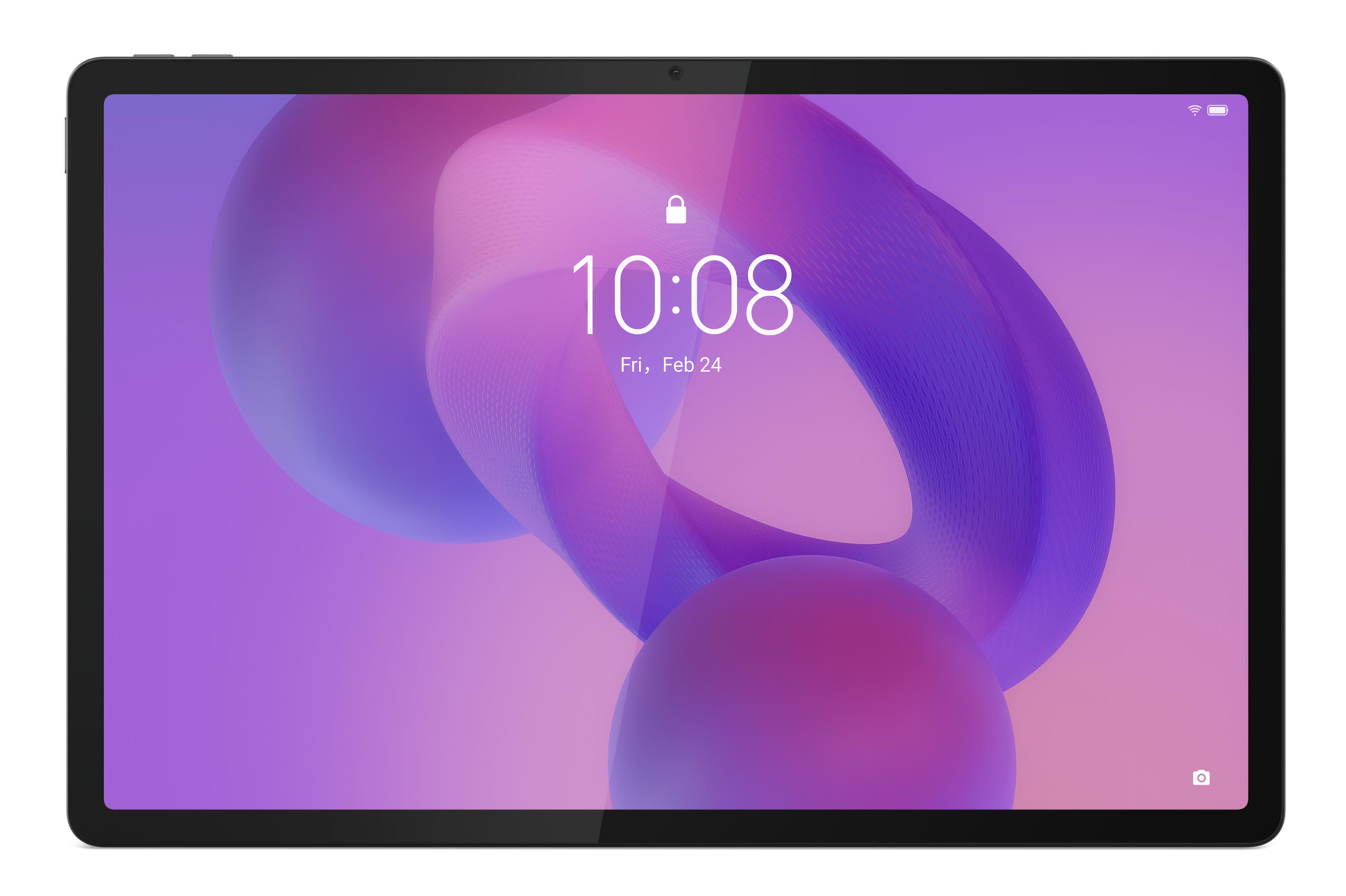 Tablet che mostra la schermata di blocco con l'ora 10:08 e la data, con design viola.