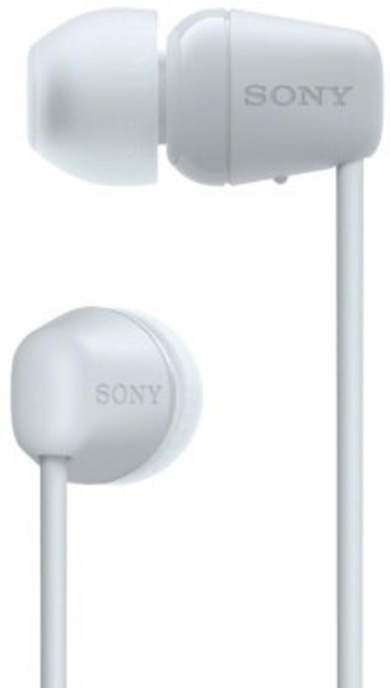 Écouteurs Sony blancs sur fond blanc. Les écouteurs sont de type intra-auriculaire. Le mot 'SONY' est visible sur le boîtier de l'écouteur.