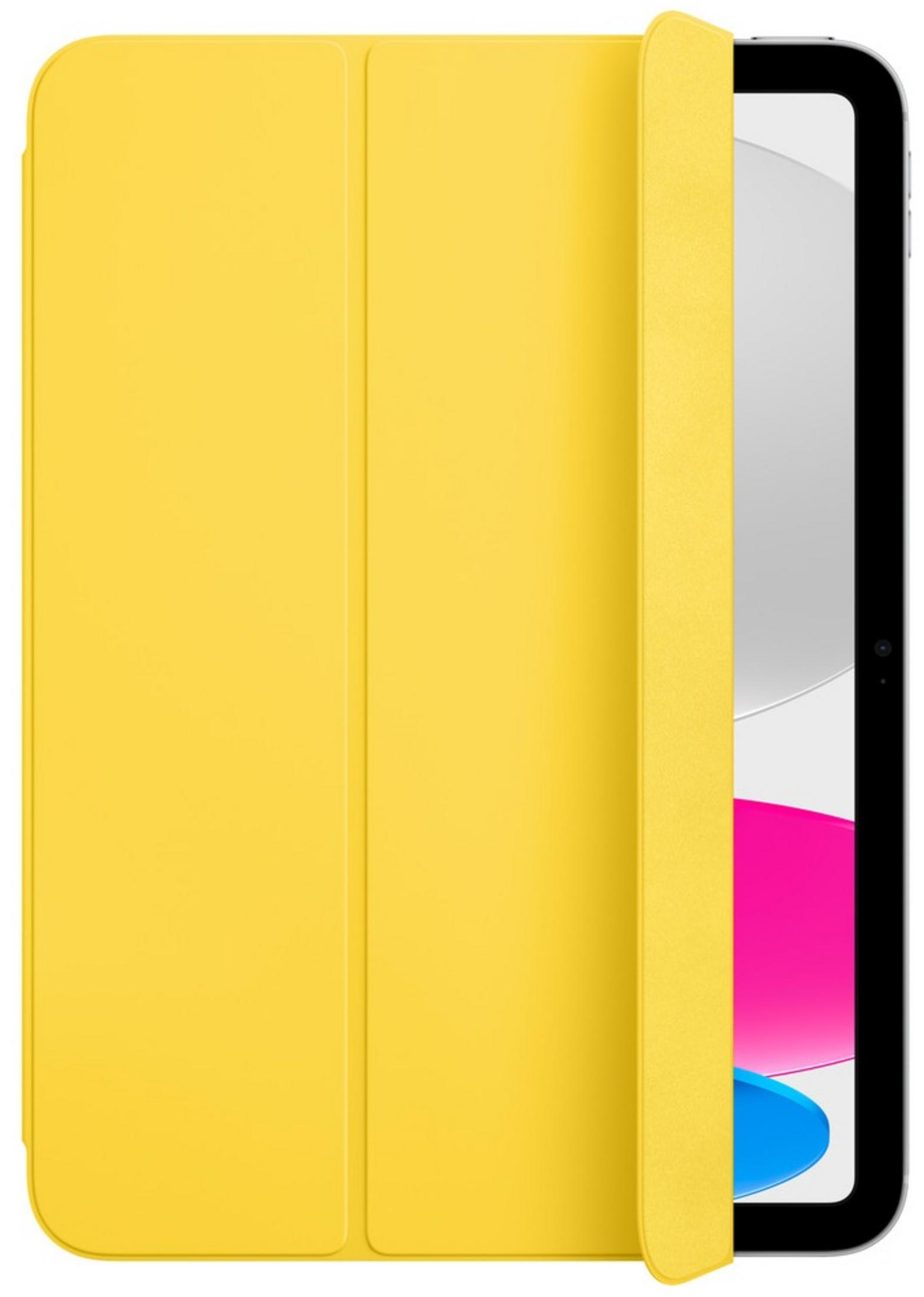 Żółte etui na tablet częściowo otwarte, odsłaniające ekran tabletu z różową i niebieską grafiką.