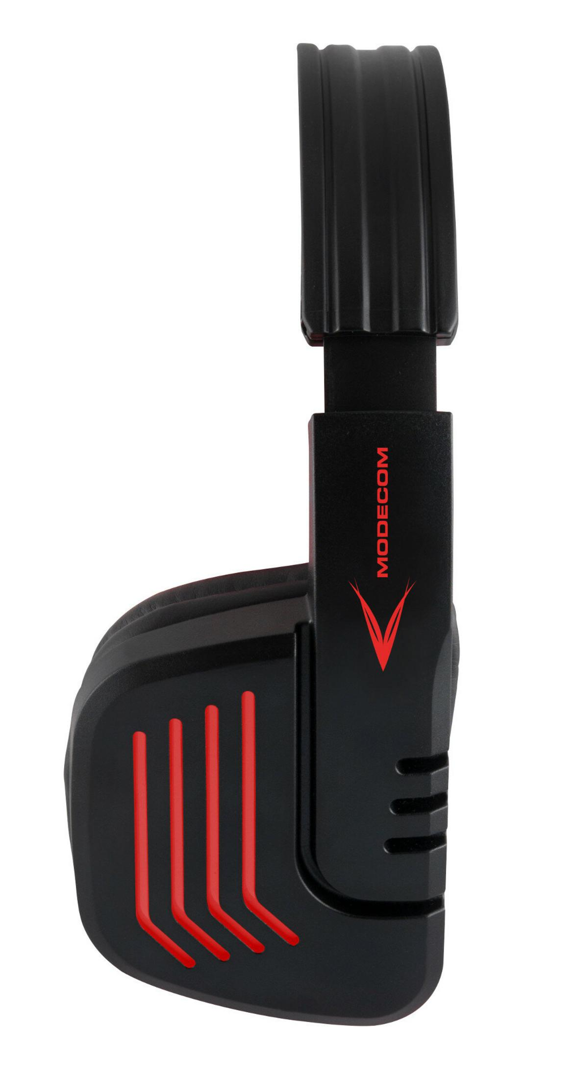 Czarne i czerwone słuchawki dla graczy. Słuchawki mają markę MODECOM. Na nausznikach znajdują się czerwone linie.