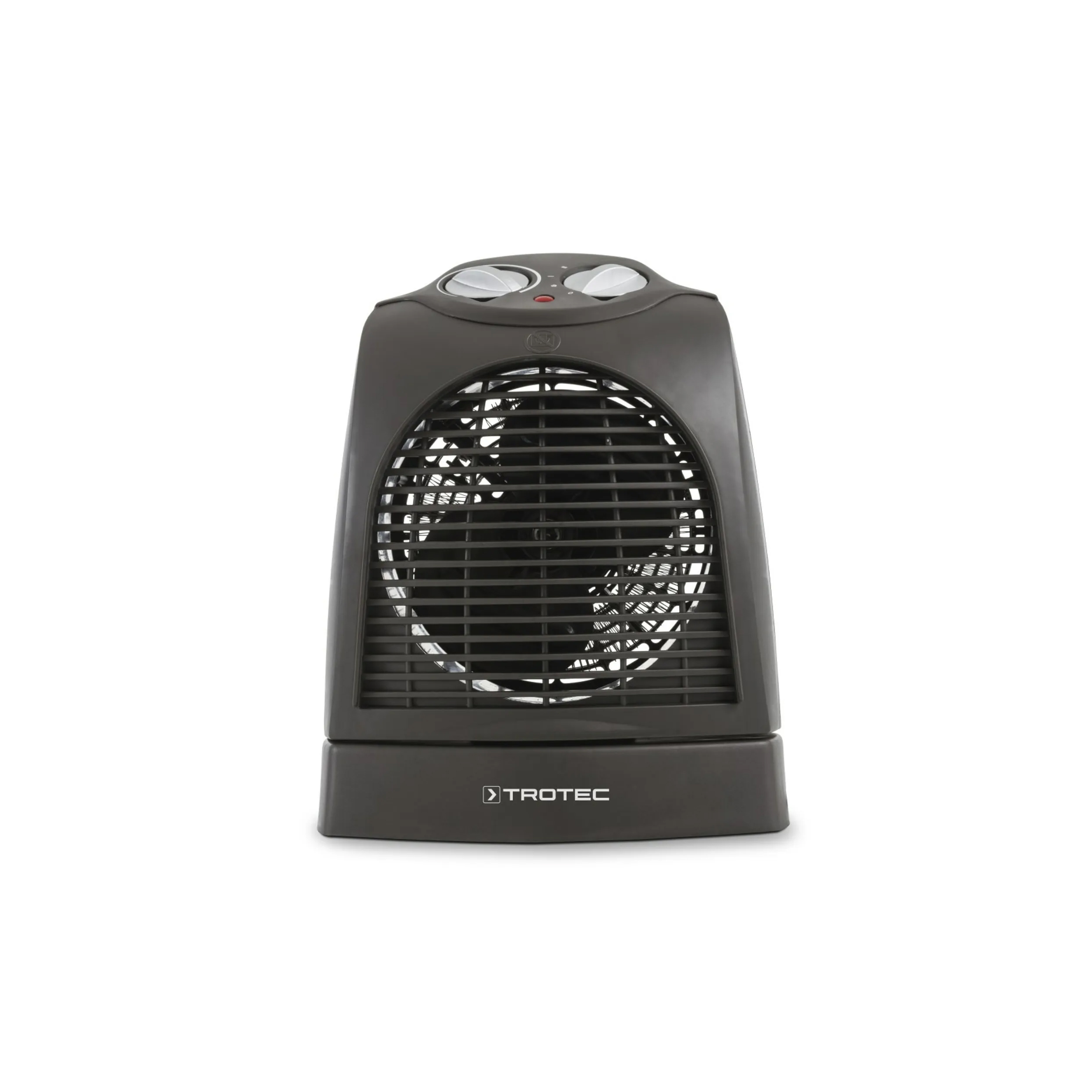 Een donkergrijze elektrische ventilatorkachel op een witte achtergrond. Het heeft een rooster, bediening en het Trotec-logo.