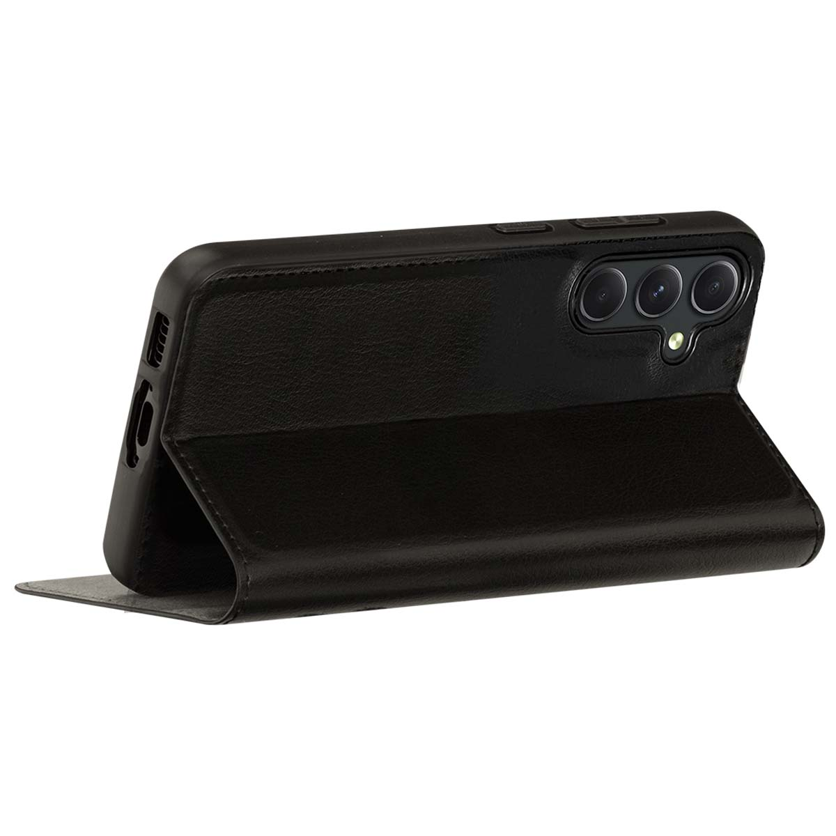 Una custodia per telefono nera con coperchio a ribalta è aperta. La custodia ha un modulo fotocamera con tre lenti.