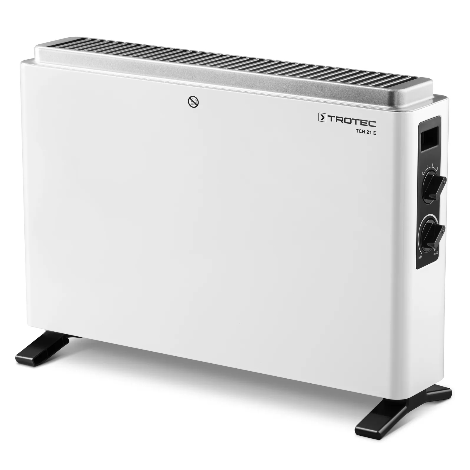 Un termoventilatore elettrico bianco Trotec TCH 21 E con piedini e manopole nere. Ha un top argentato.