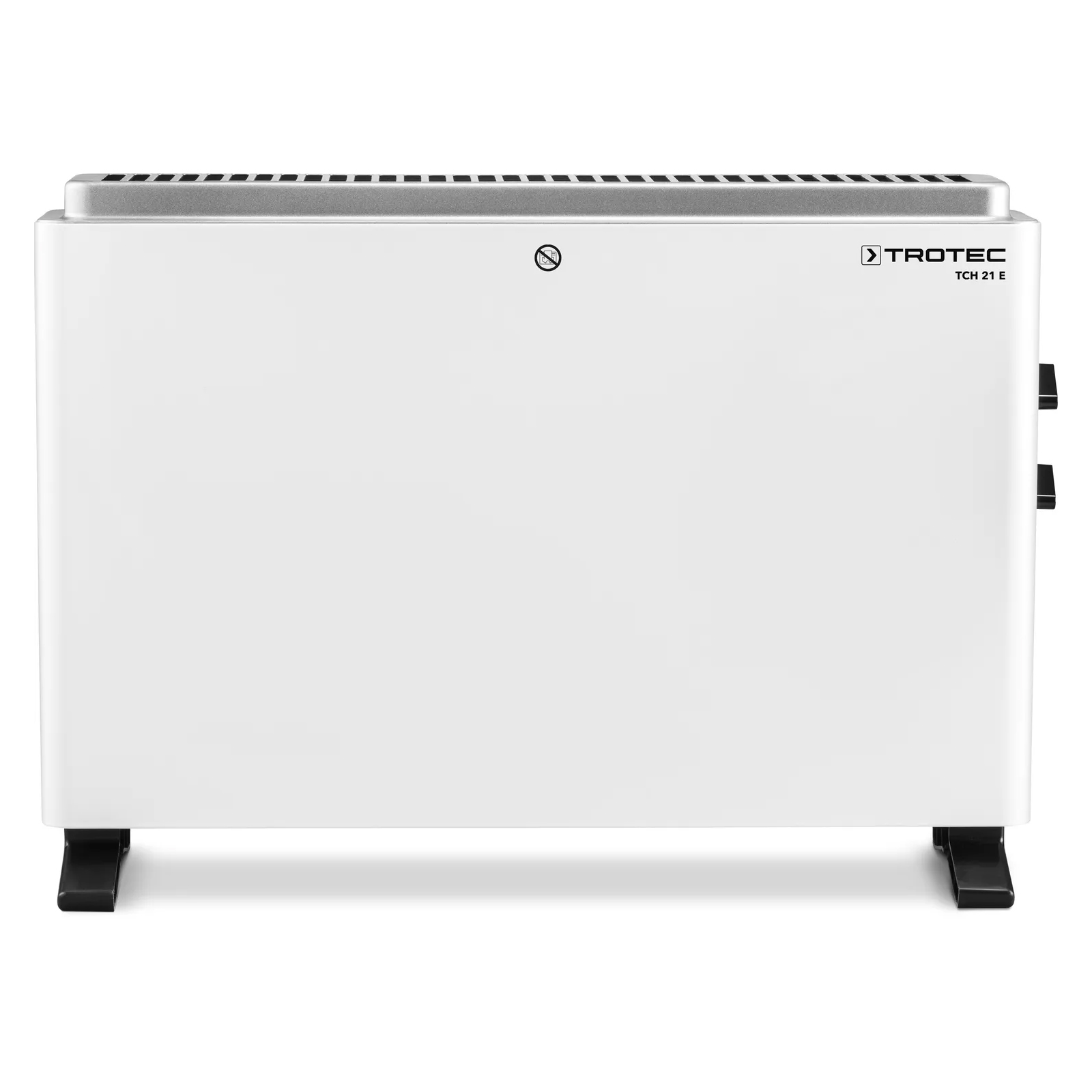 Un termoventilatore elettrico bianco con gambe e comandi neri. Ha uno sfiato in alto e un logo sul lato.