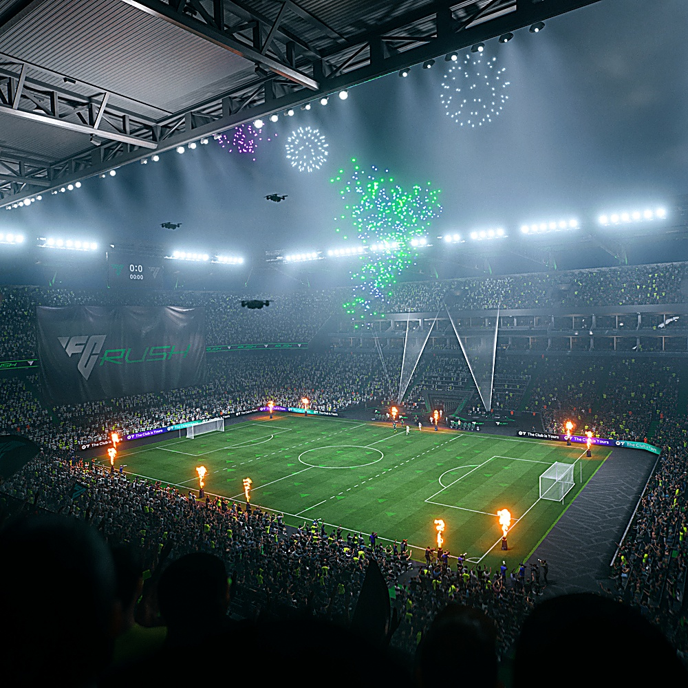 Stadio di calcio di notte. Fuochi d'artificio, droni e folla. Campo verde con porte. Striscione 'FC RUSH'.