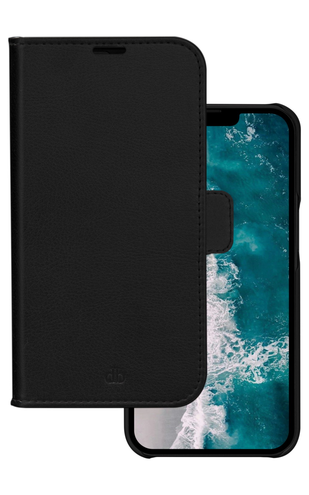 Custodia per telefono in pelle nera con telefono all'interno, che mostra una scena acquatica. La custodia ha una patta magnetica e il logo db.