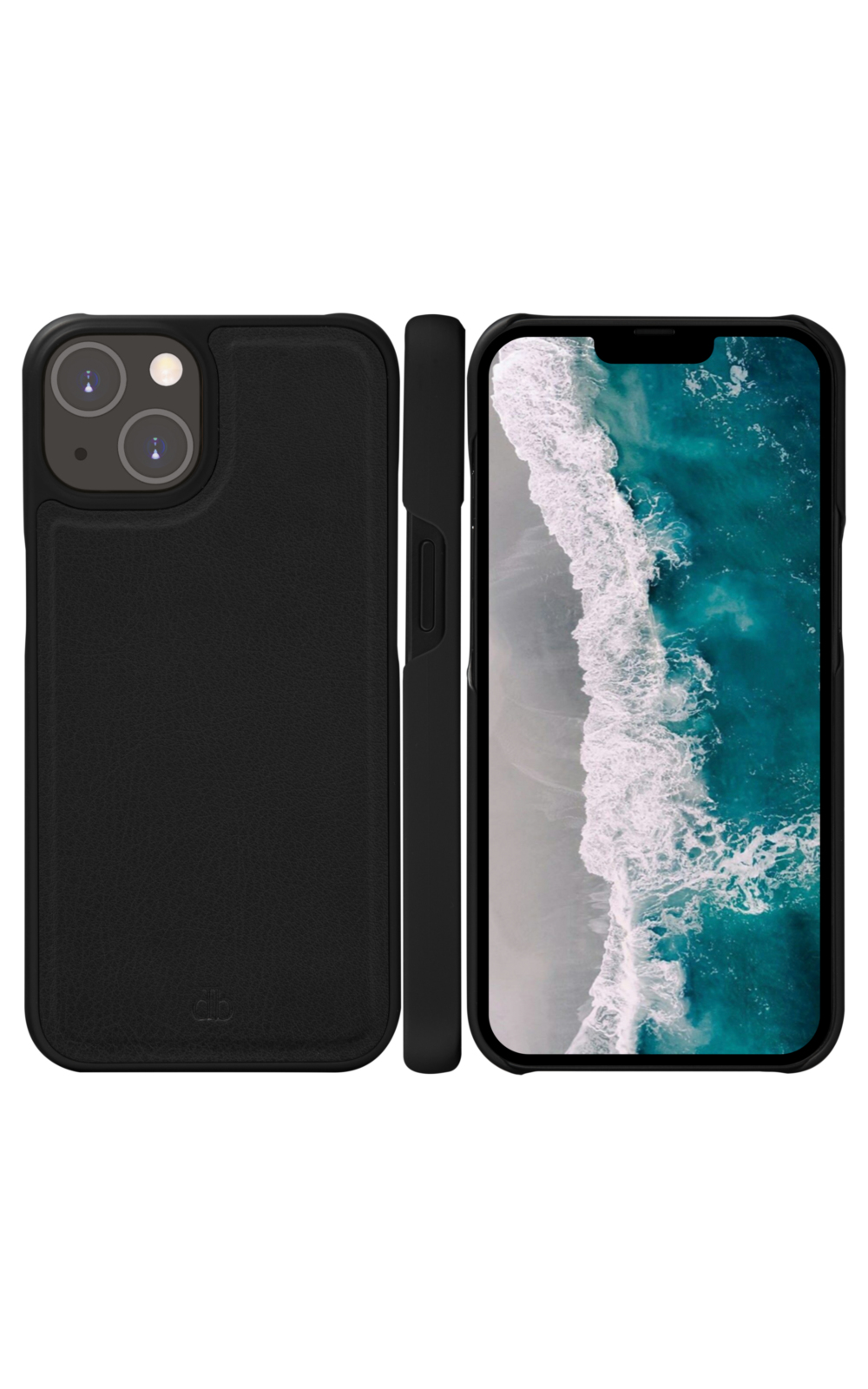 Tre viste di una custodia nera per telefono con un iPhone all'interno. Lo schermo mostra una scena di spiaggia.
