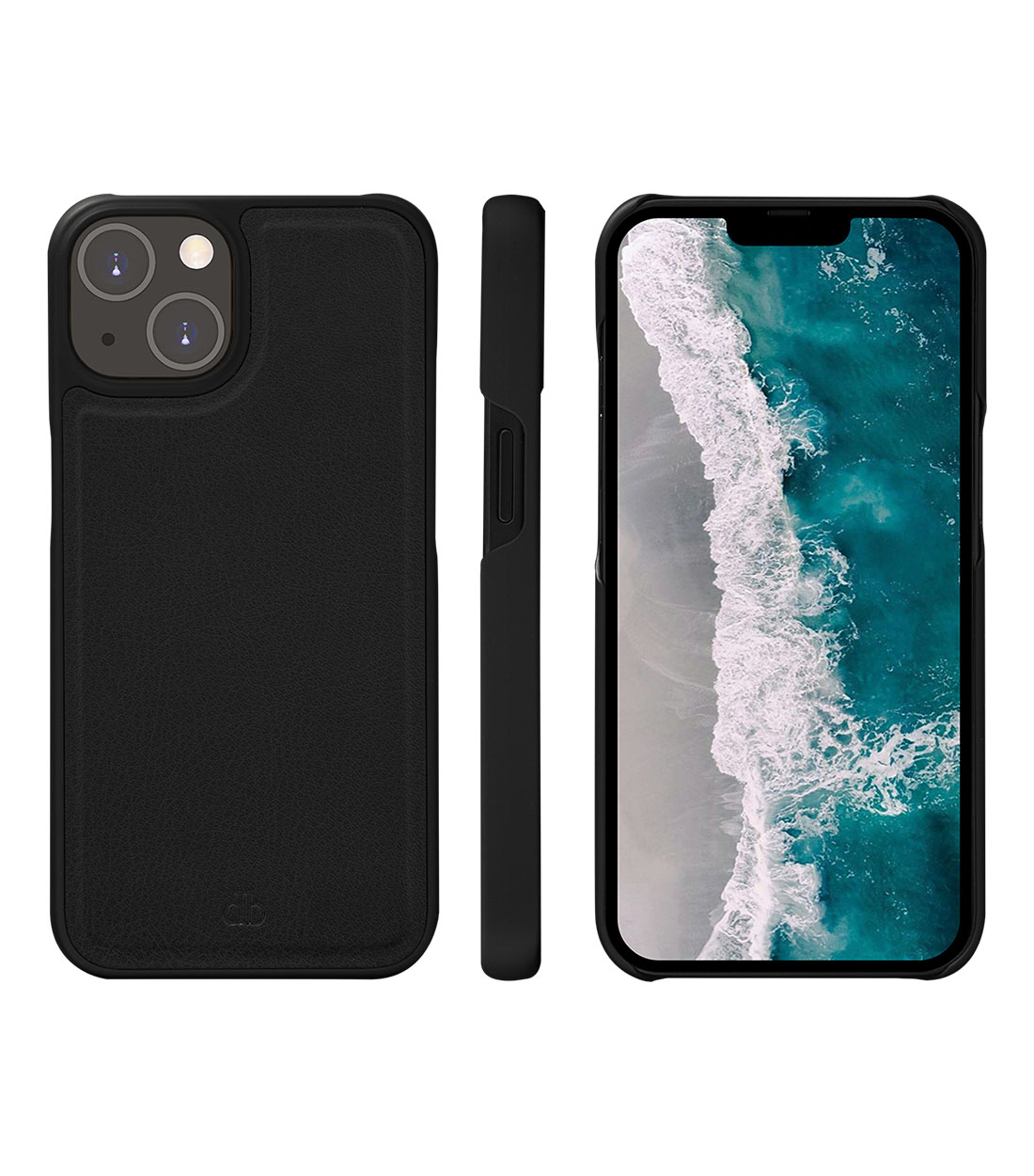 Tre viste di una custodia nera per telefono. Una mostra il retro con la fotocamera, una il lato e una lo schermo.