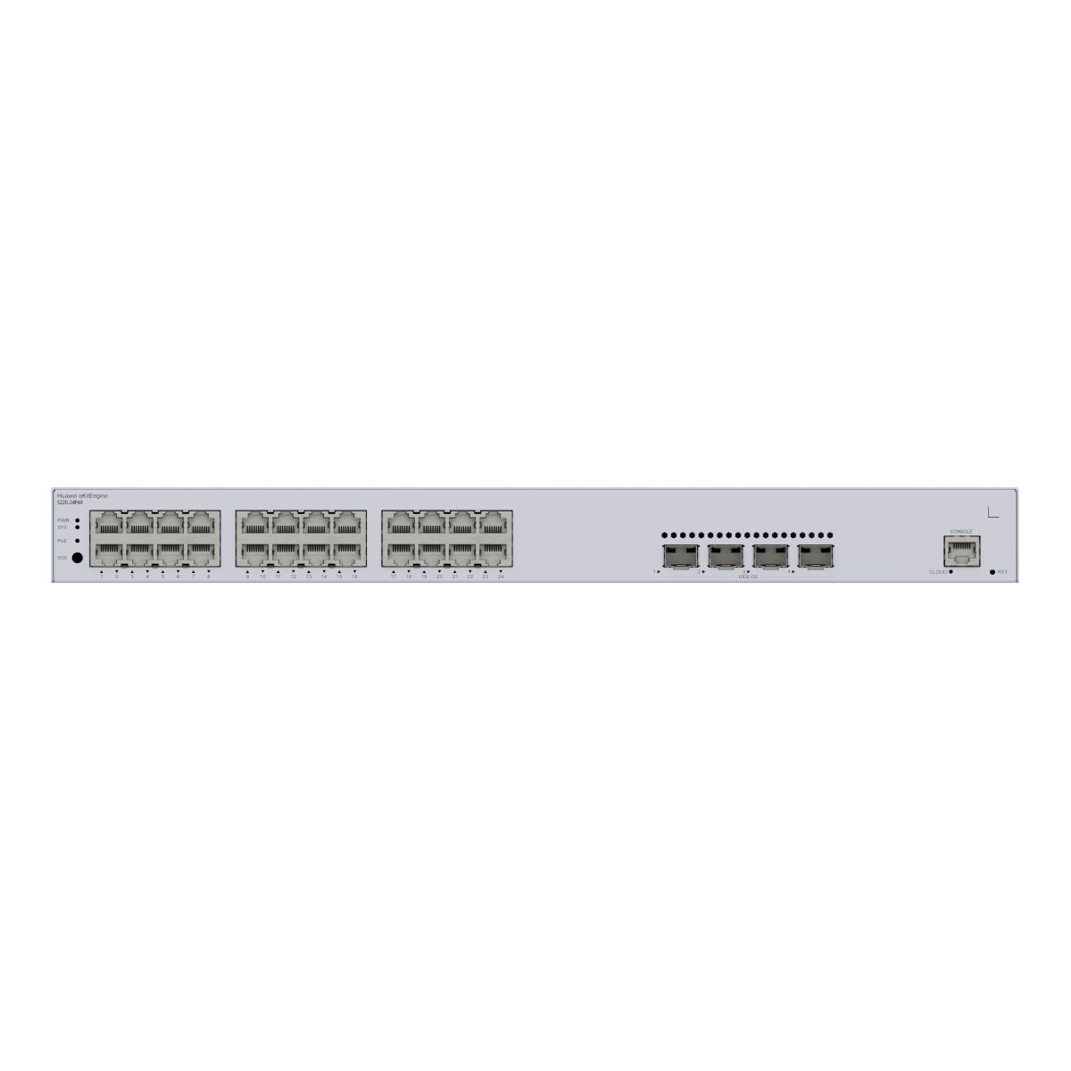 Uno switch di rete grigio con più porte. Ha diverse file di porte RJ45 e spie luminose, alcune etichettate come 'console' e 'reset'.