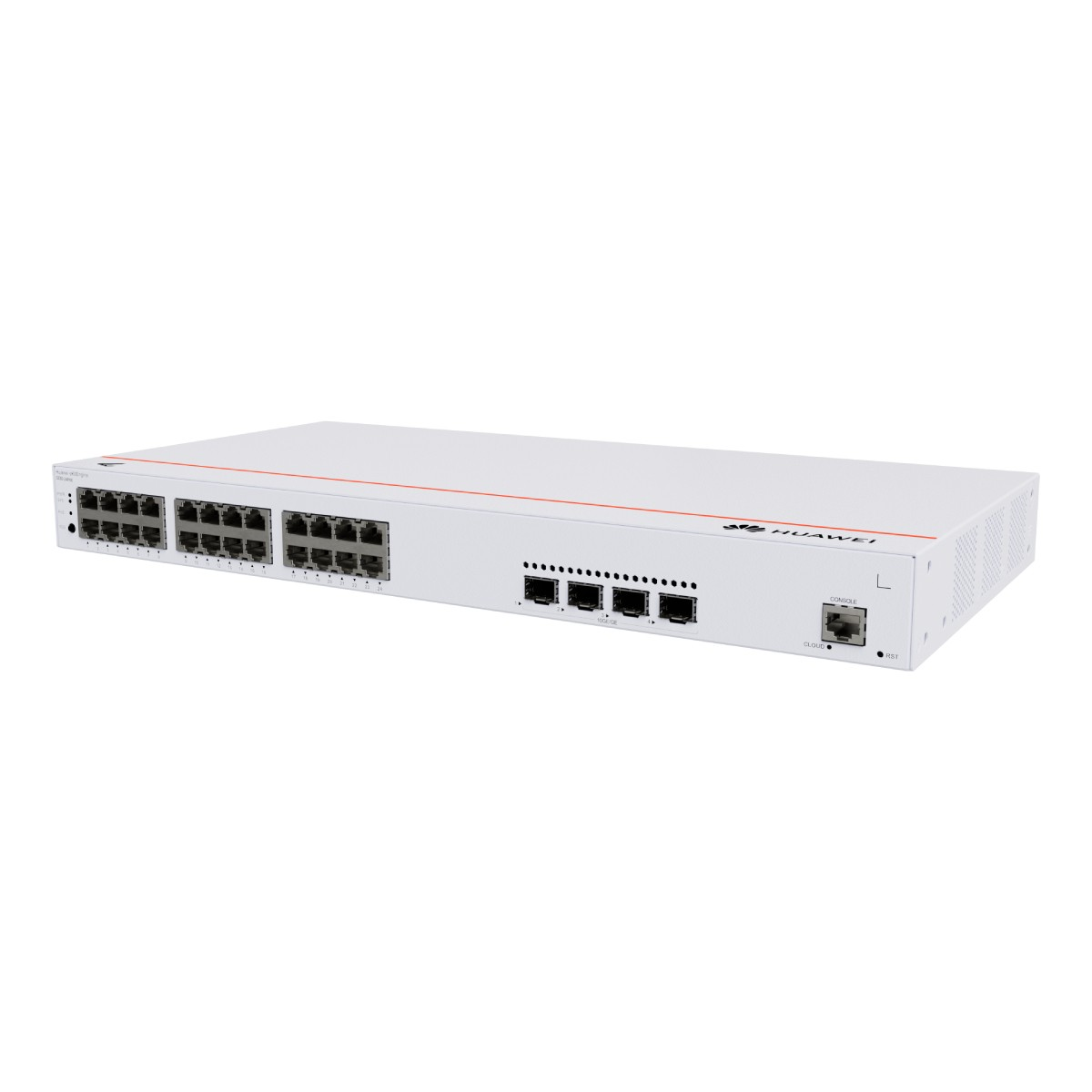 Uno switch di rete Huawei bianco. Ha numerose porte, spie e il logo Huawei. Una linea rossa corre lungo la parte superiore.