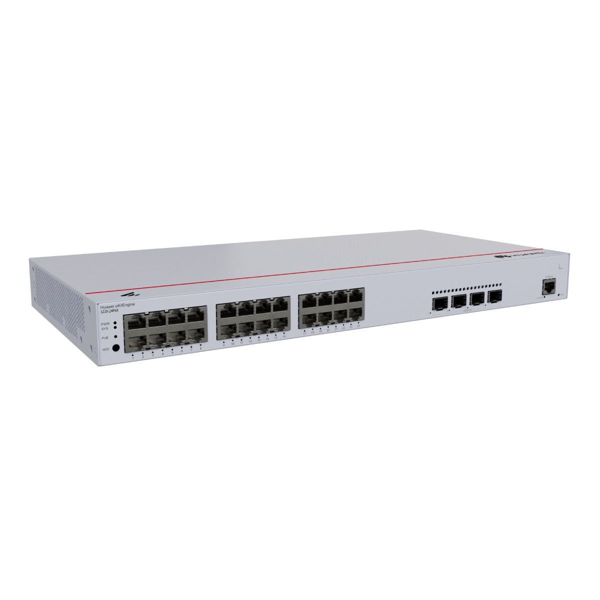 Uno switch di rete Huawei bianco con più porte. Ha una striscia rossa e diverse porte per le connessioni.