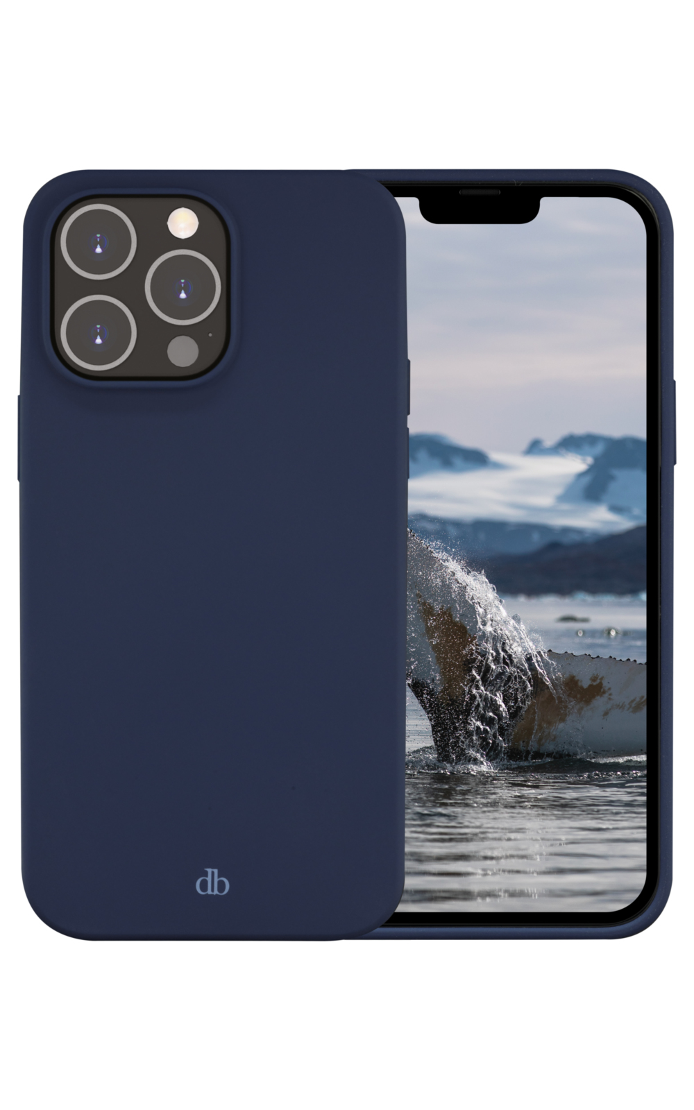 Una custodia blu navy con una balena che si infrange sullo schermo. Lo sfondo mostra montagne e acqua con il cielo.