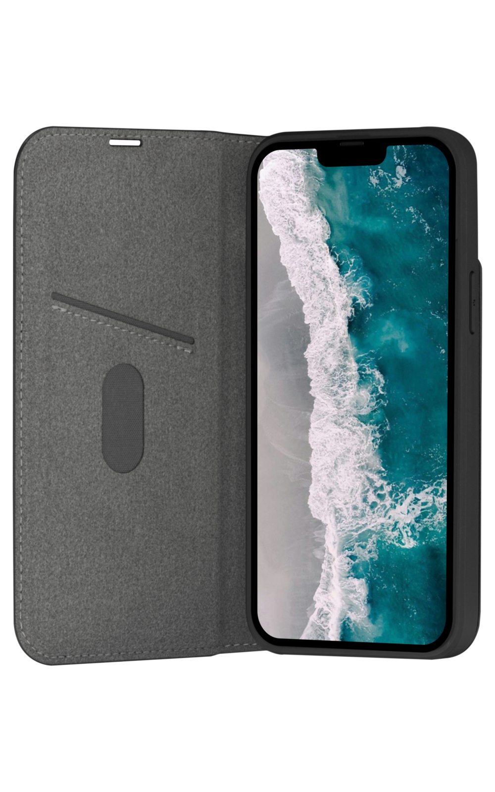 Custodia del telefono aperta con un telefono. Il telefono mostra una scena di spiaggia con le onde. La custodia è grigia.