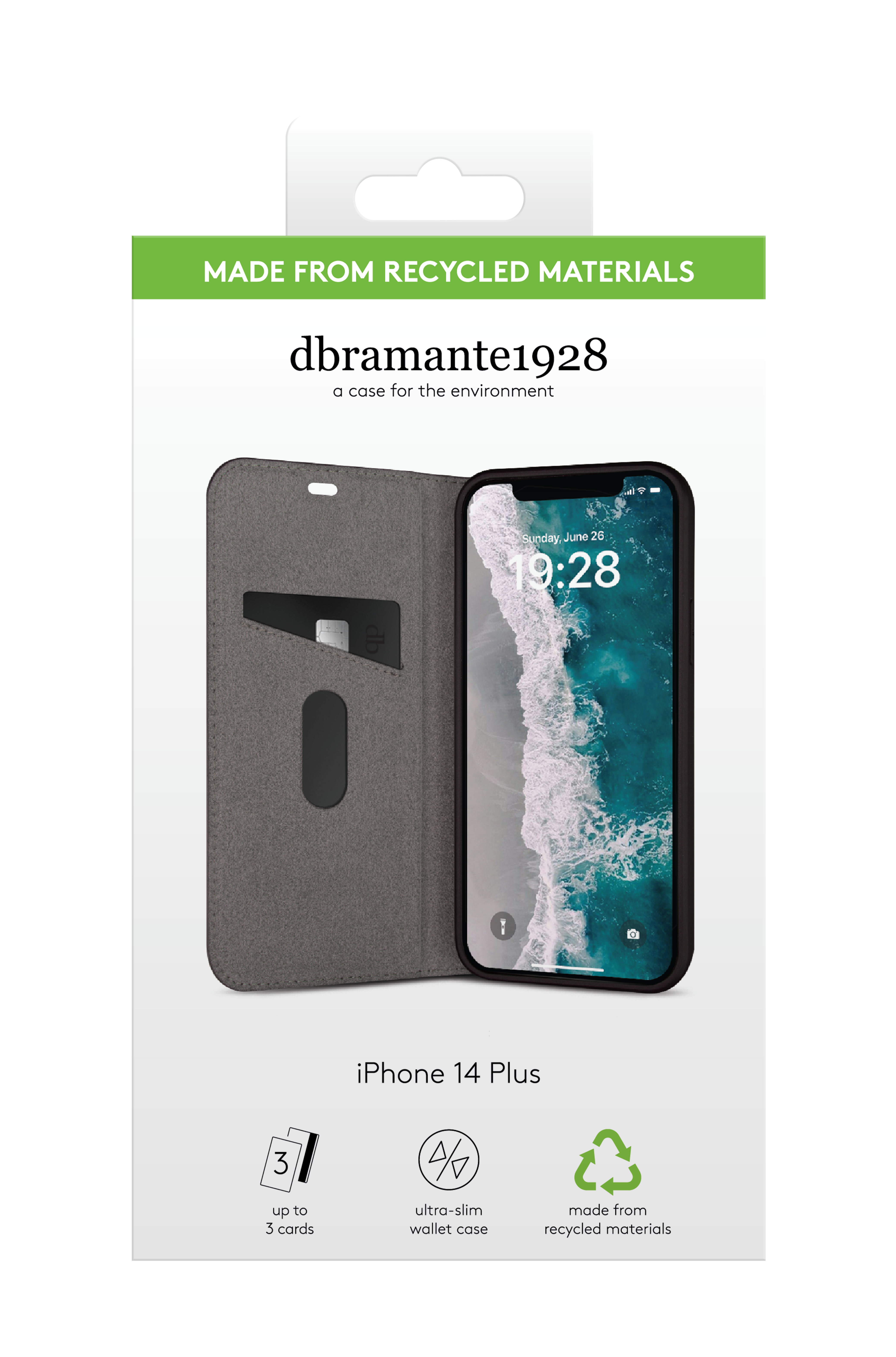 Una custodia per iPhone 14 Plus, realizzata con materiali riciclati. È aperta, mostrando il telefono e gli slot per schede.