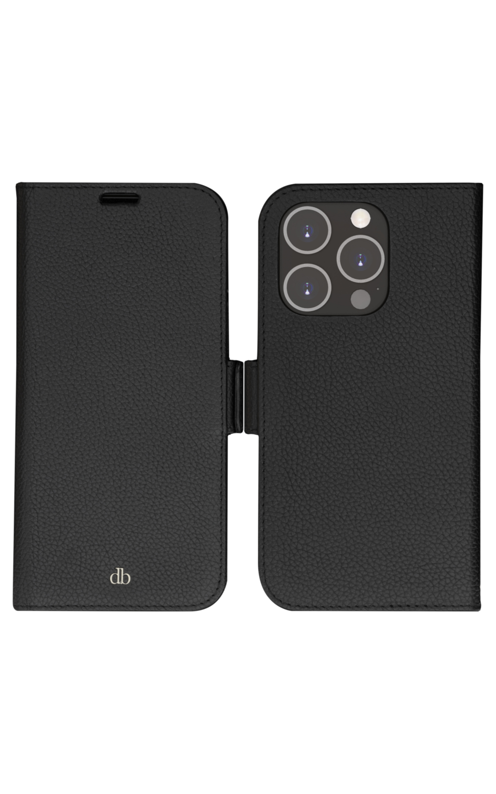 Custodia per telefono in pelle nera, aperta. Mostra la fotocamera del telefono e un logo. La custodia ha una superficie strutturata.