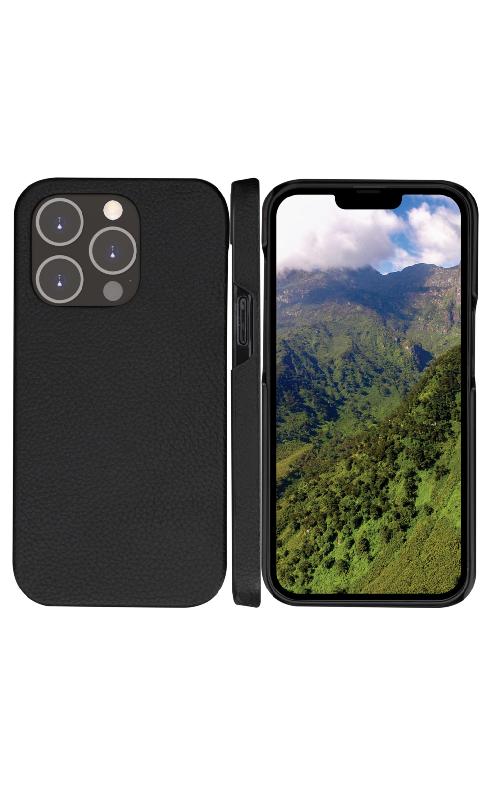 iPhone nero con custodia in pelle, mostra un paesaggio montano sullo schermo. Le fotocamere sono visibili.