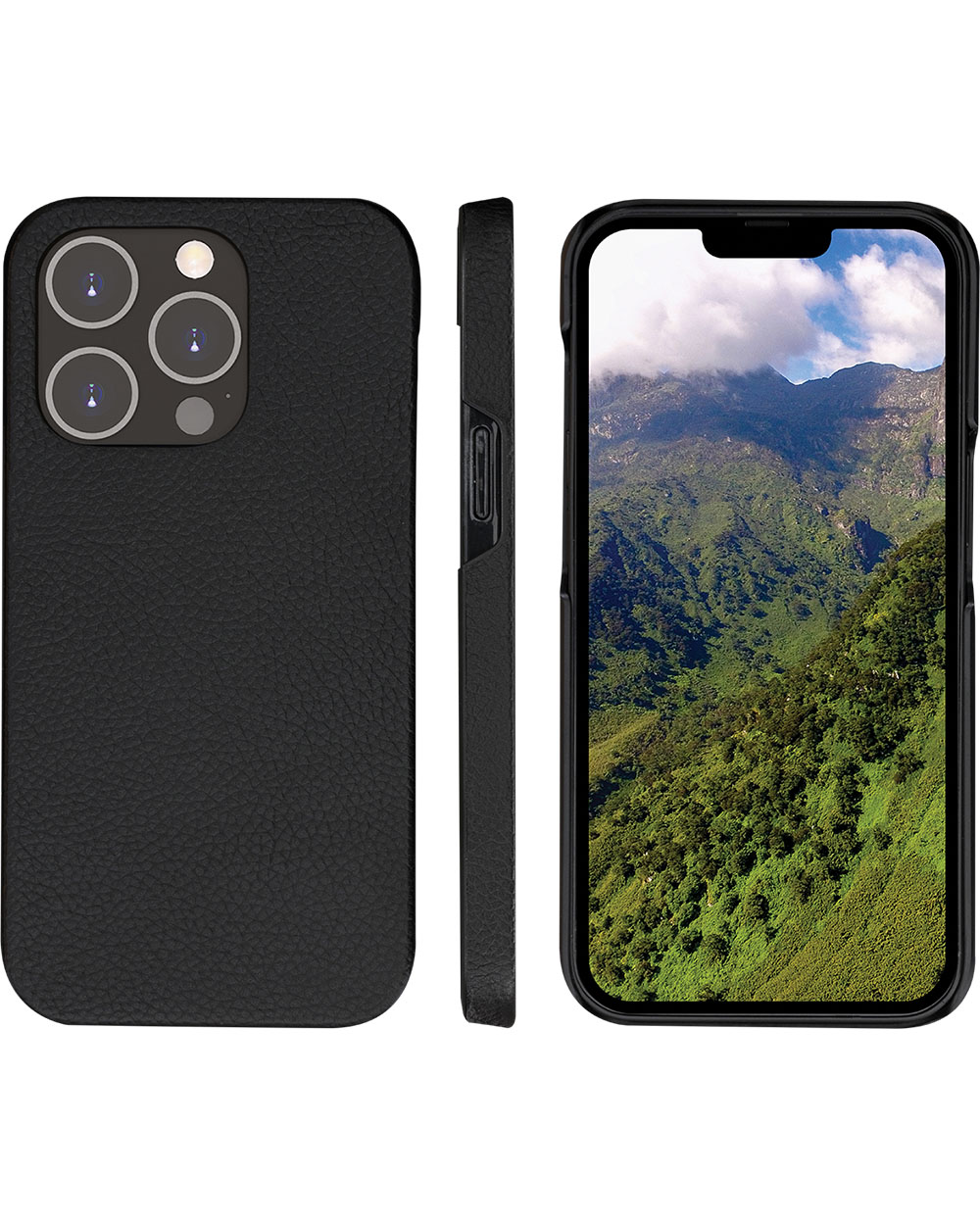 Custodia nera con superficie strutturata, vista laterale e telefono con paesaggio montano.