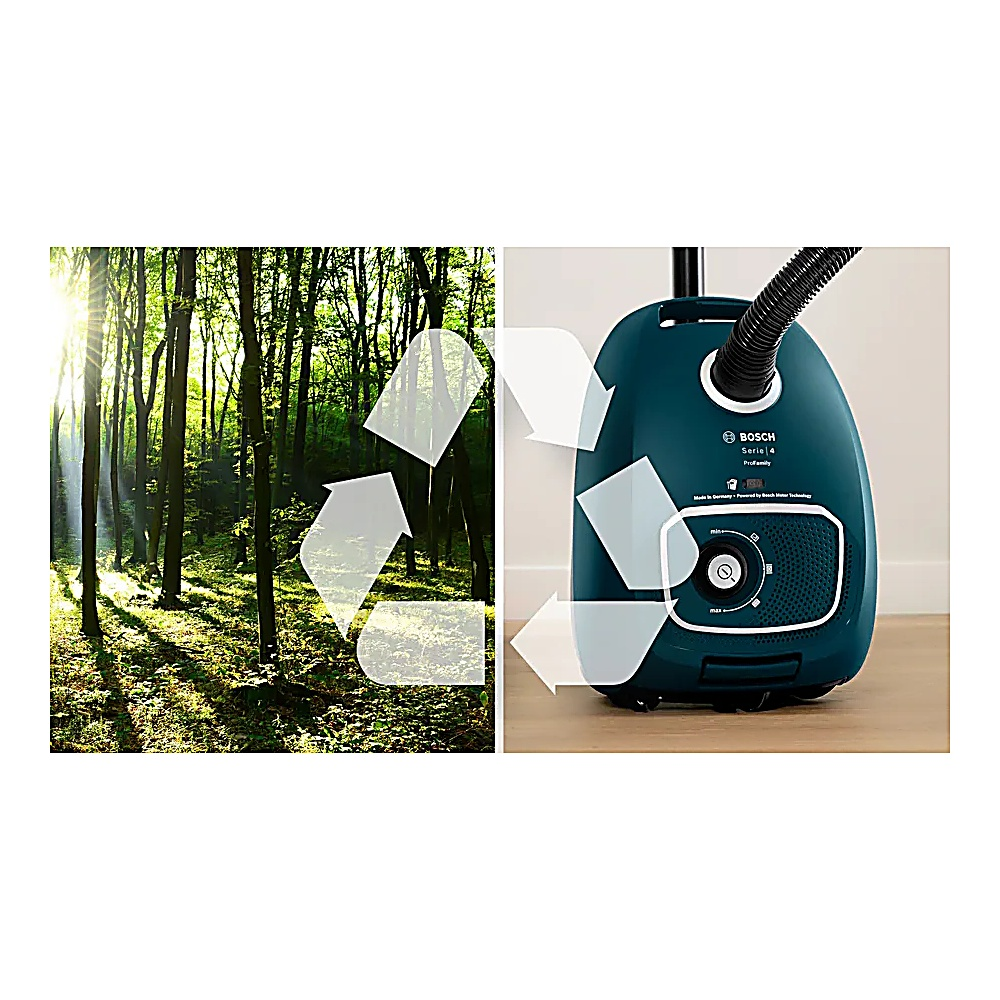 Obraz przedstawia las i odkurzacz. Strzałki recyklingu łączą je. Odkurzacz jest turkusowy, na drewnianej podłodze.