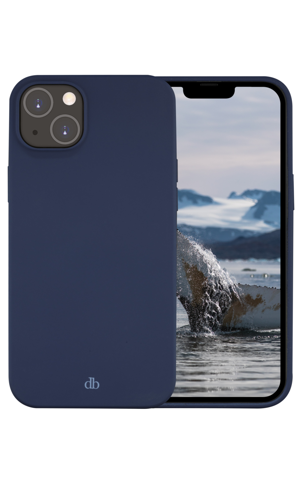 Una custodia blu navy, con una balena che esce dall'acqua sullo schermo. Lo sfondo mostra montagne e acqua.